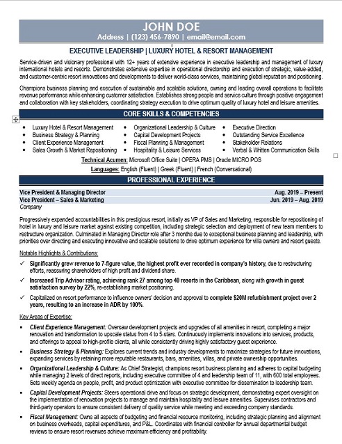 VP Resort Sales Resume Sample & Template