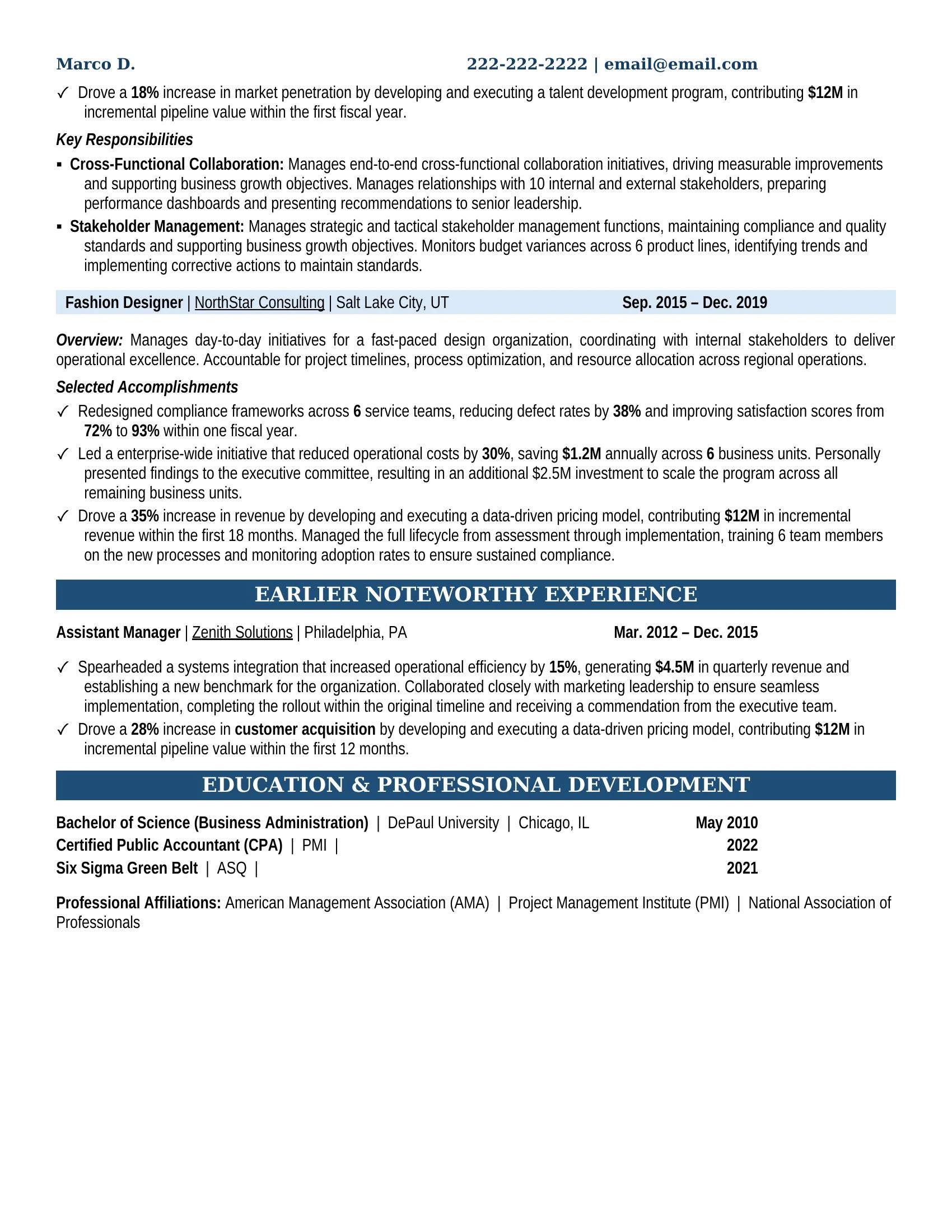 Fashion Designer Resume Example - Work Experience & Education