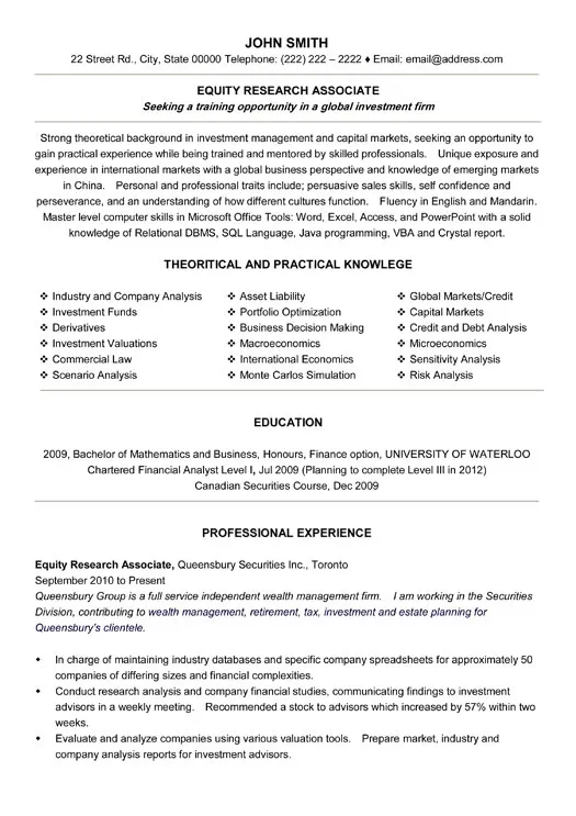 Student Equity Research Associate Resume Sample - Finance Resume Example 2026