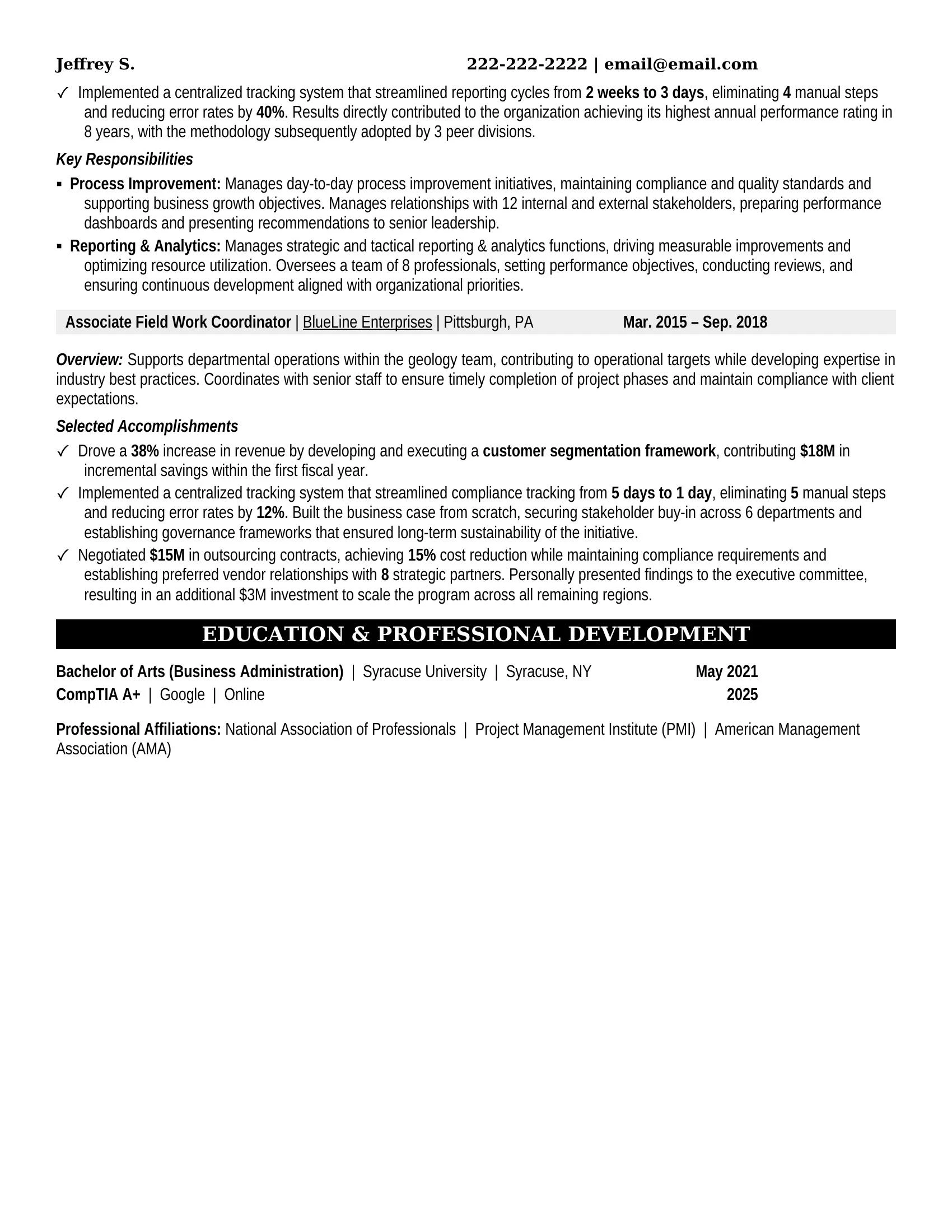 Field Work Coordinator Resume Example - Work Experience & Education