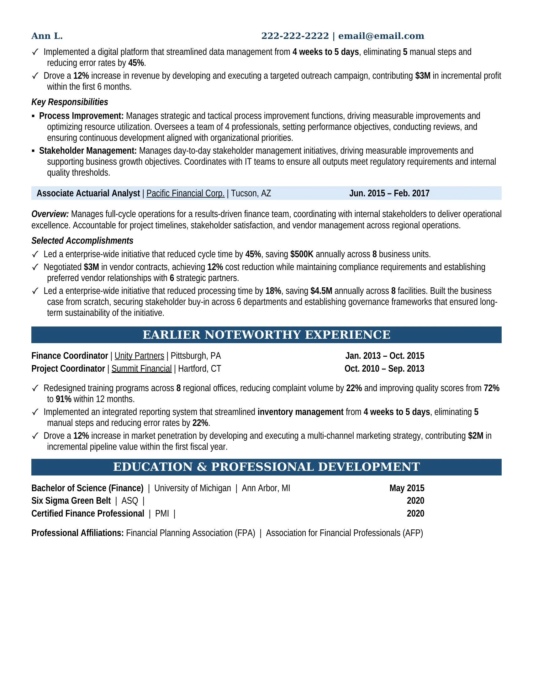 Actuarial Analyst Resume Example - Work Experience & Education