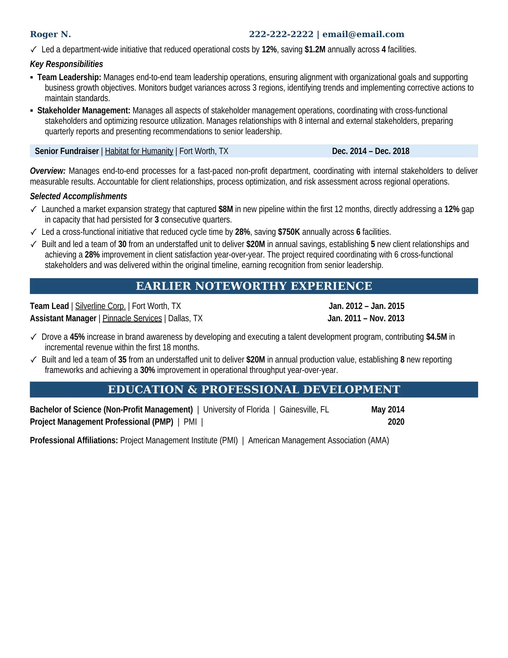 Fundraiser Resume Example - Work Experience & Education