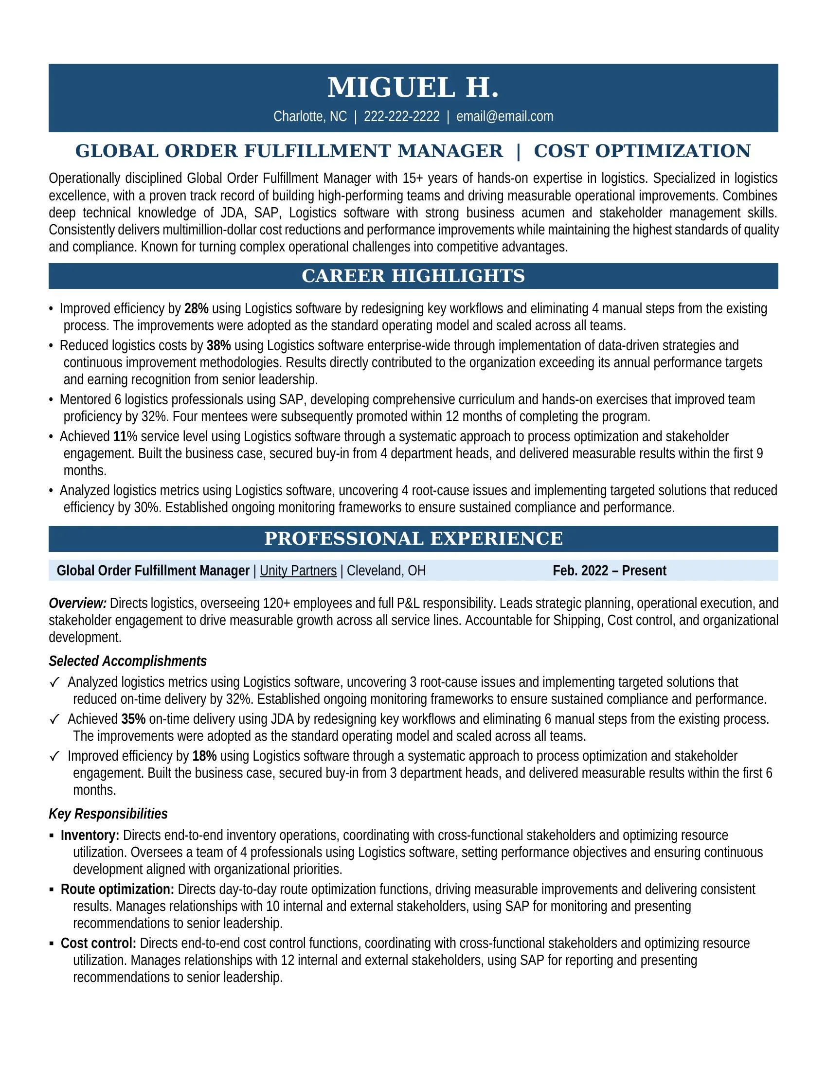 Global Order Fufillment Manager Resume Sample - Logistics Resume Example