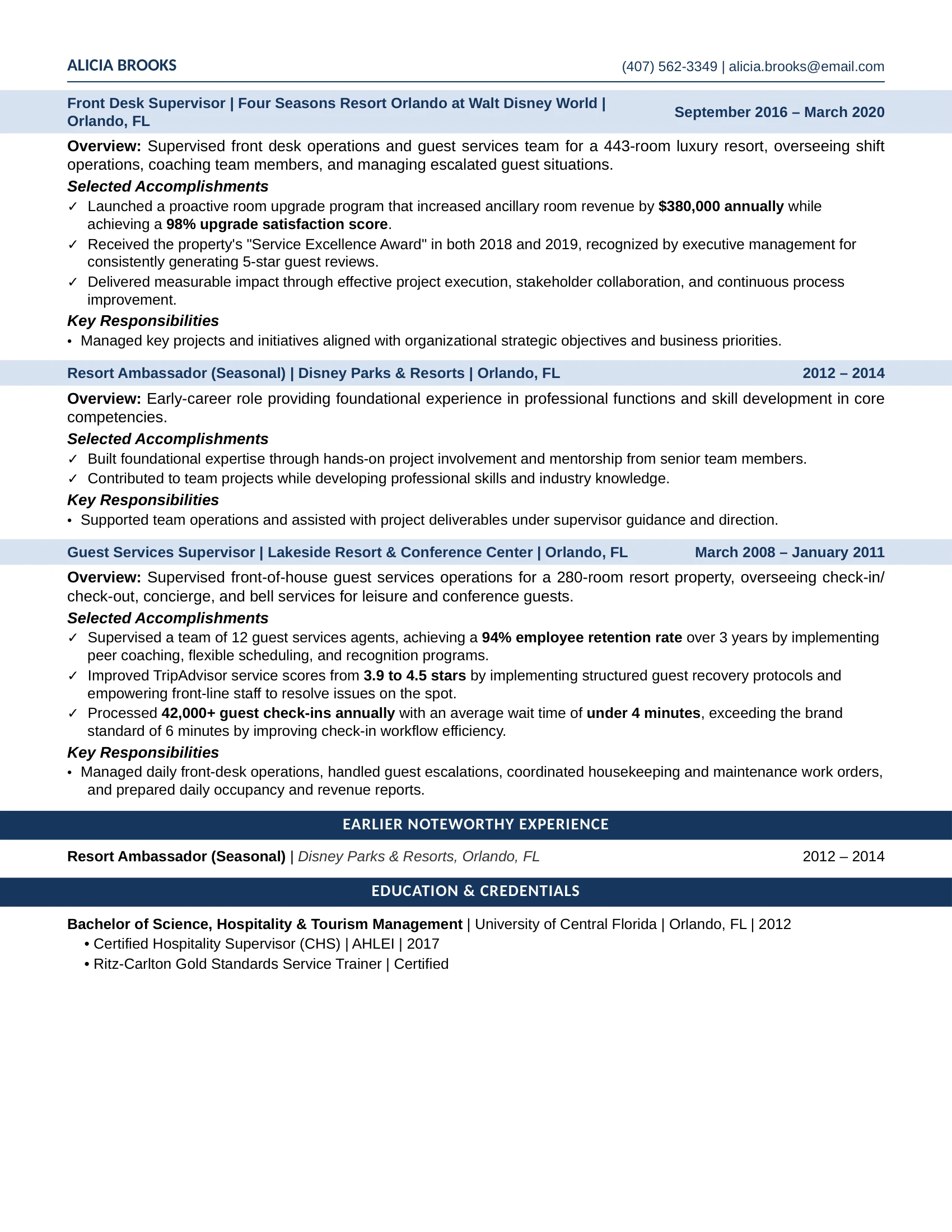 Guest Services Manager Resume Example - Work Experience & Education