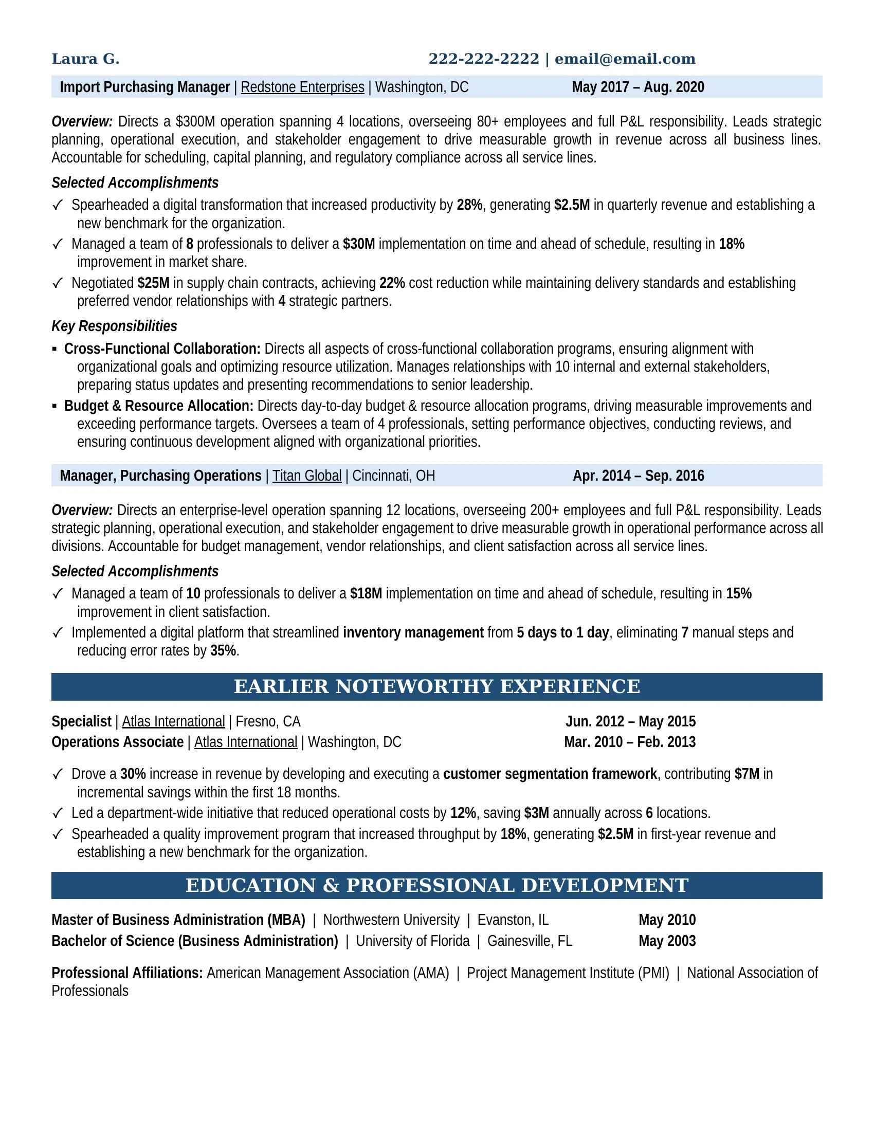 Import Purchasing Manager Resume Example - Work Experience & Education