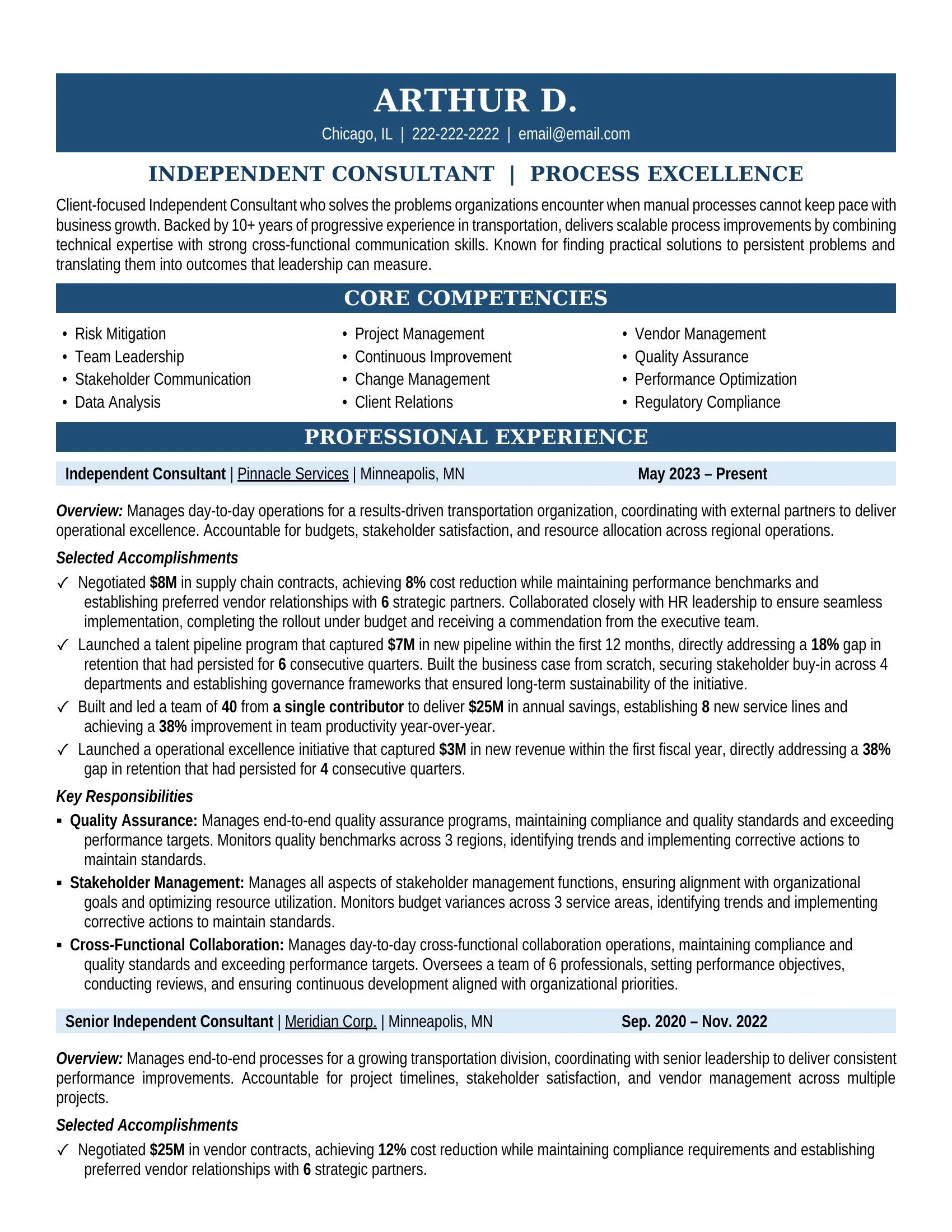 Independent Consultant Resume Sample - Professional Summary, Skills & Career Highlights