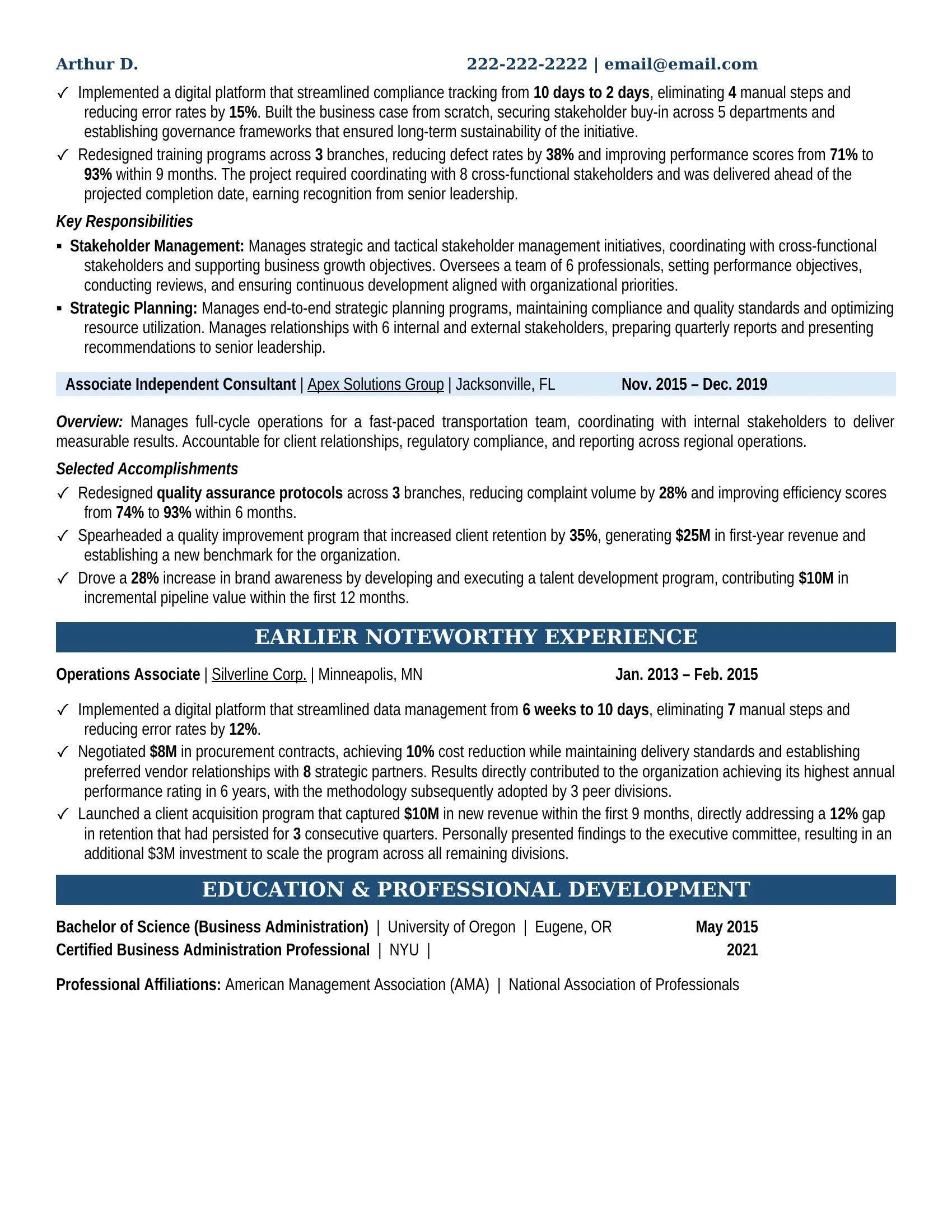 Independent Consultant Resume Example - Work Experience & Education