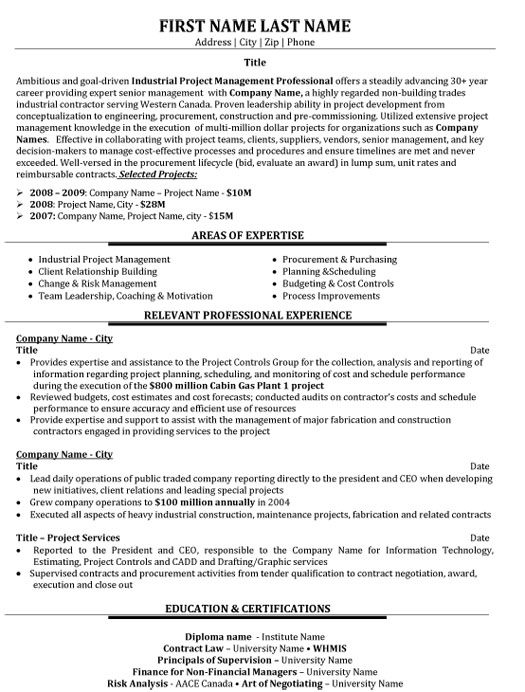 Industrial Project Manager Resume Sample & Template