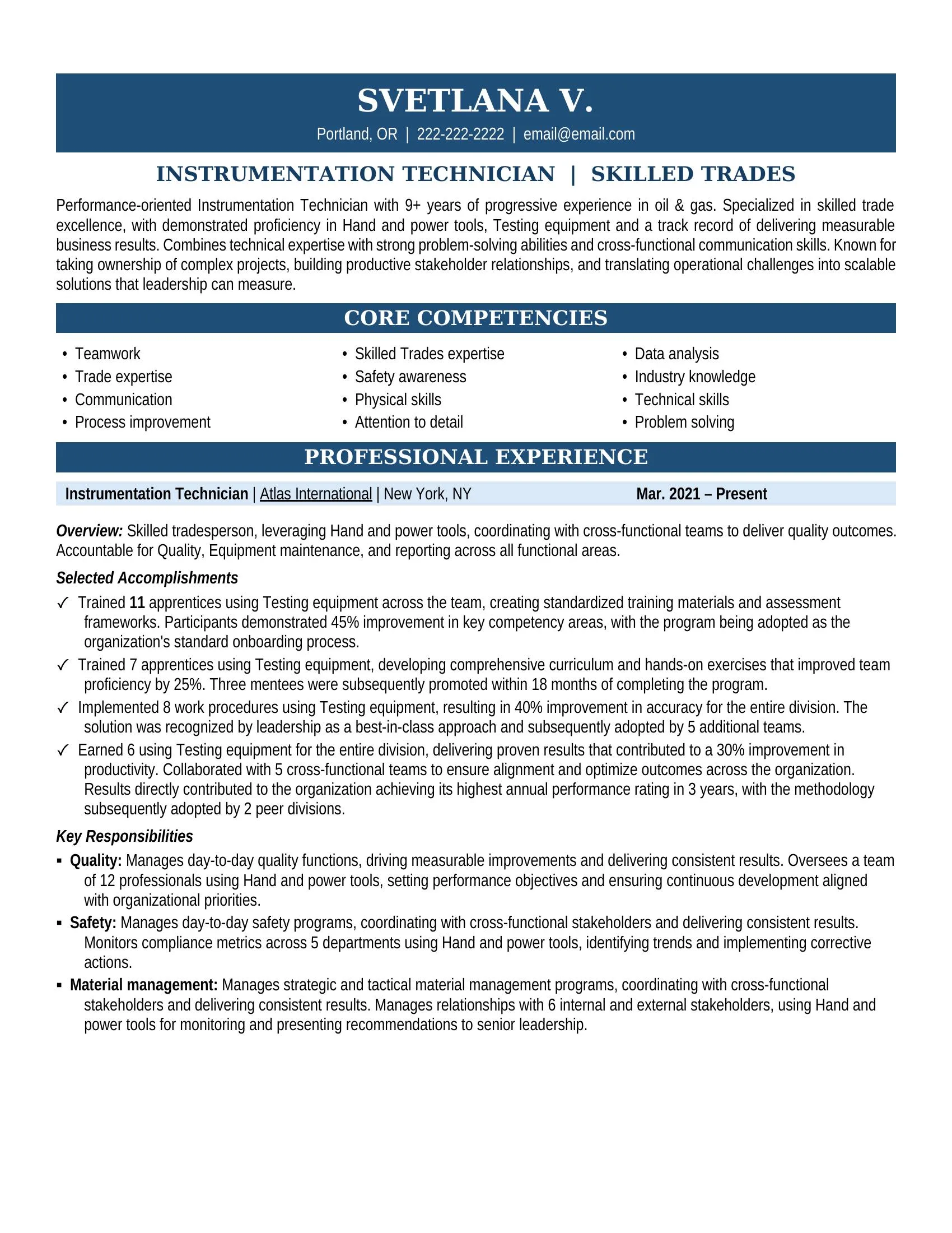 Instrumentation Technician Resume Sample - Professional Summary, Skills & Career Highlights