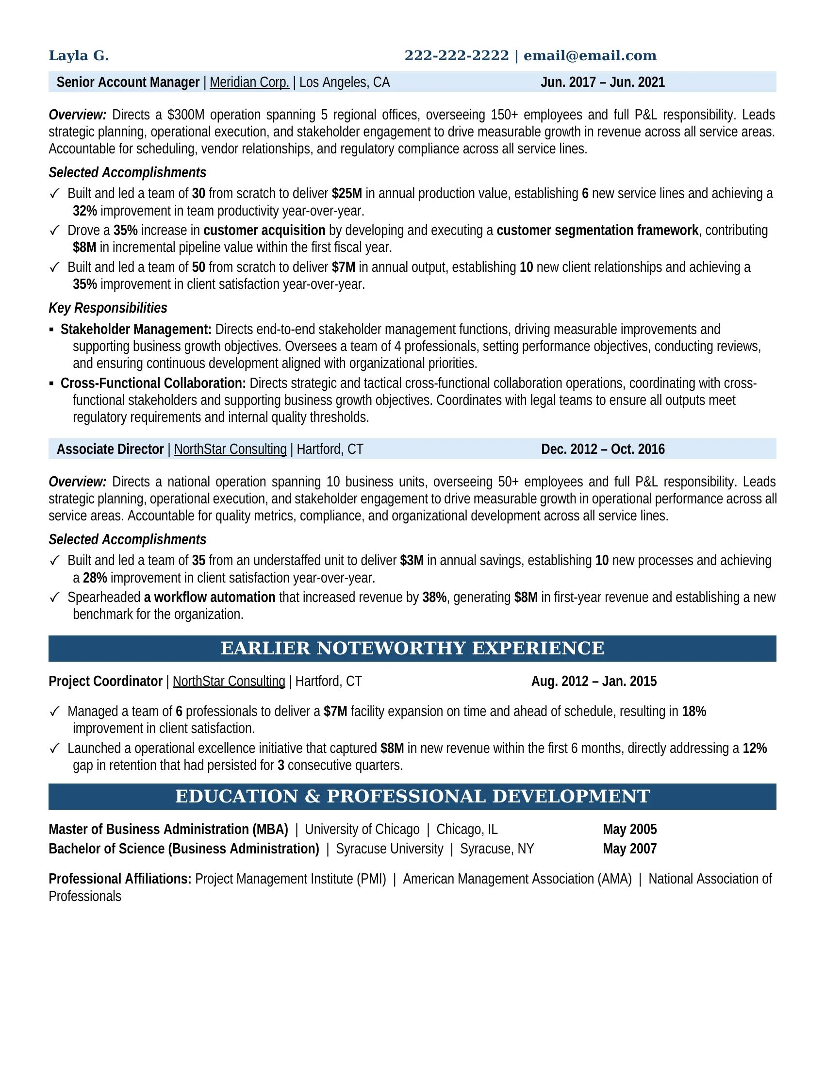 Account Manager Resume Example - Work Experience & Education