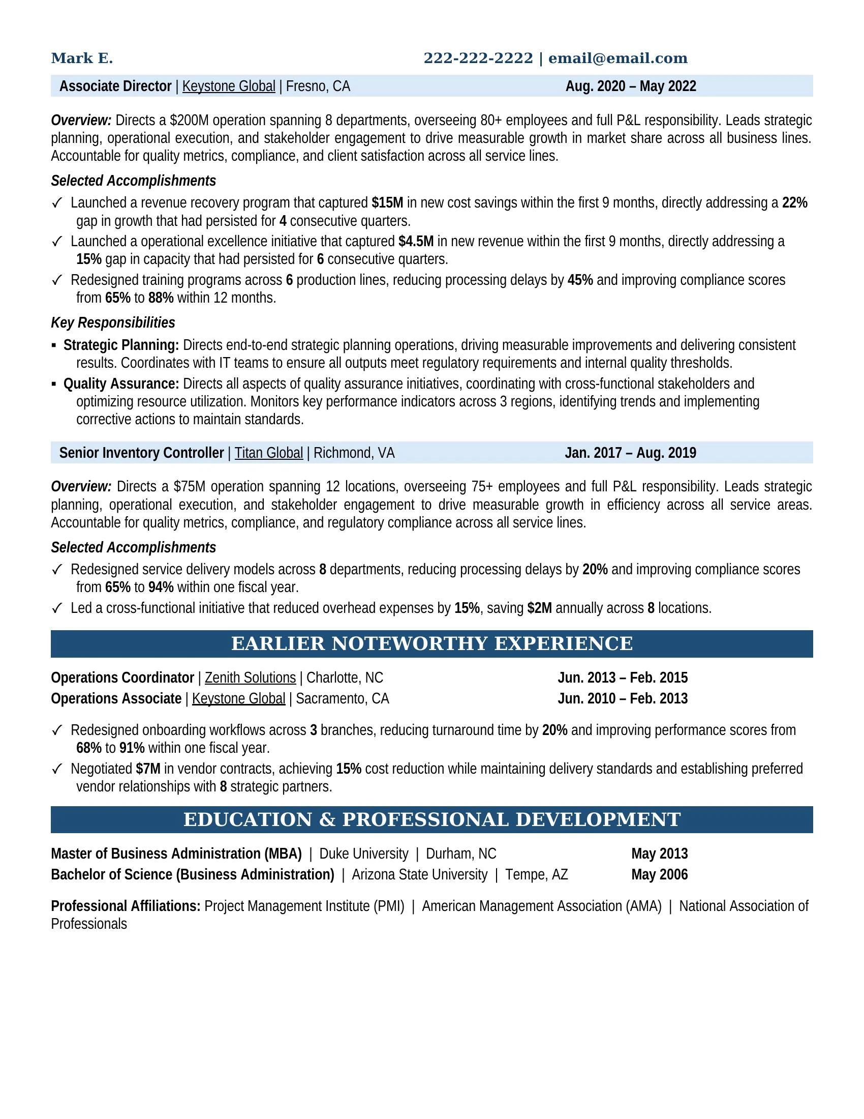 Inventory Controller Resume Example - Work Experience & Education