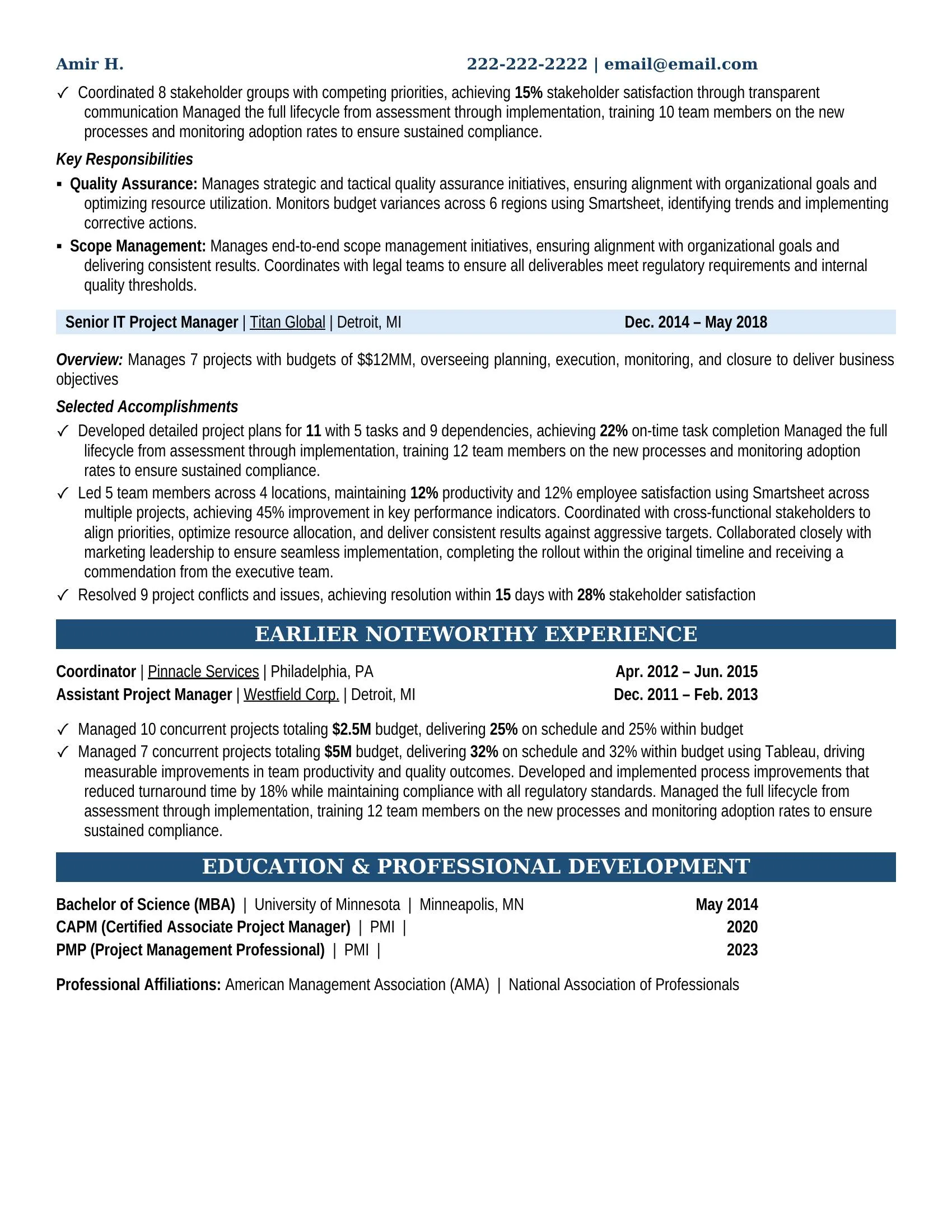 IT Project Manager Resume Example - Work Experience & Education