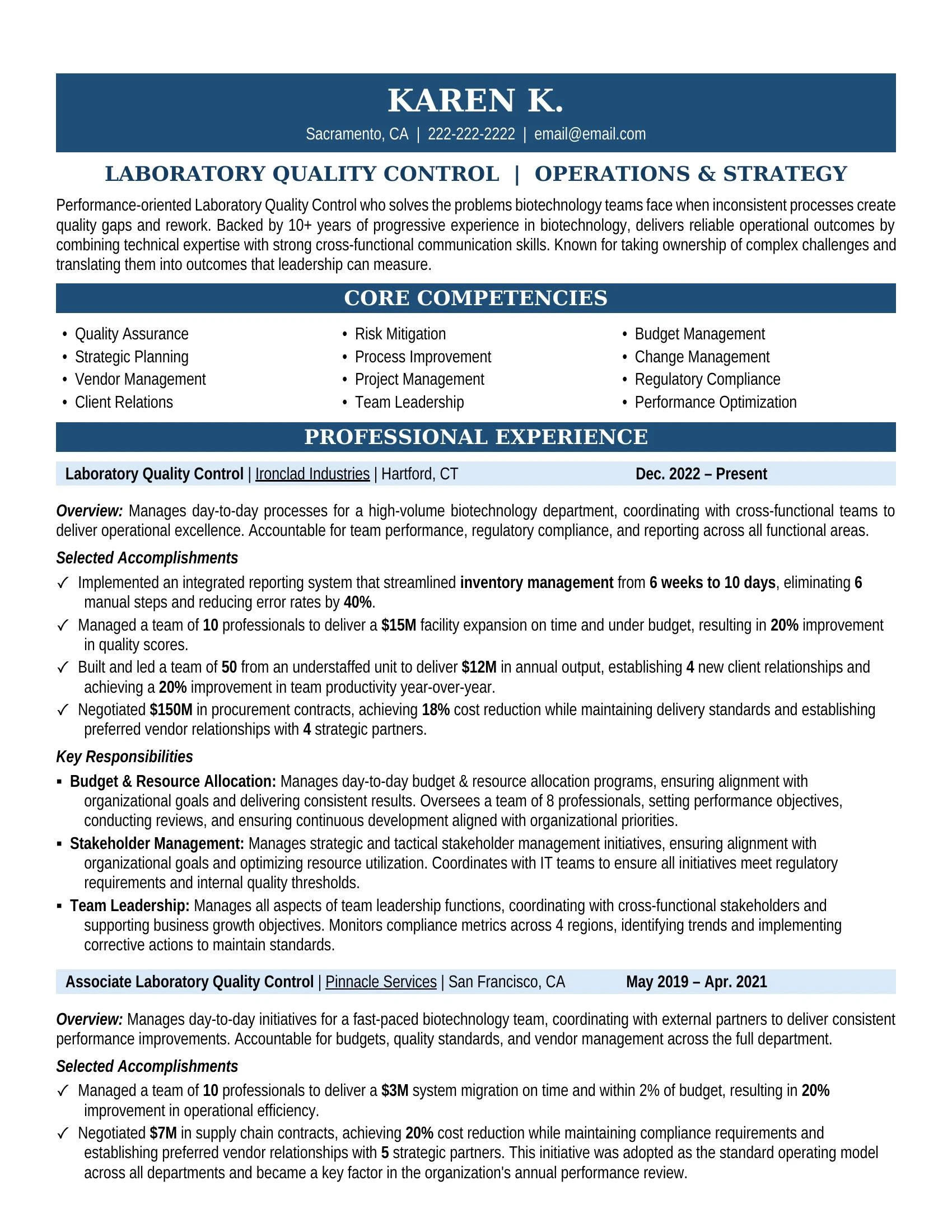 Laboratory Quality Control Resume Sample