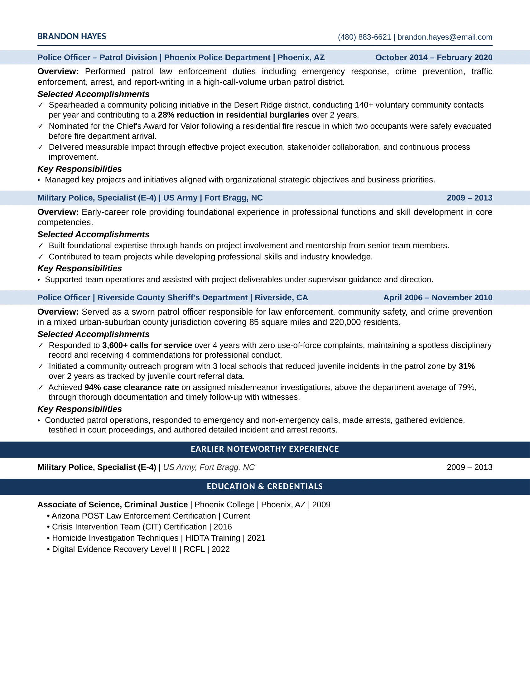 Law Enforcement Officer Resume Example - Work Experience & Education