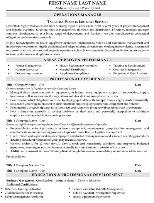 Logistics Support Manager Resume Sample & Template