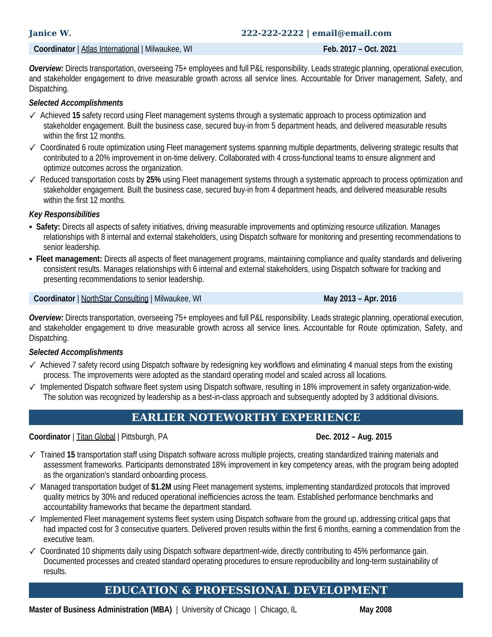 Logistics Manager Resume Example - Work Experience & Education