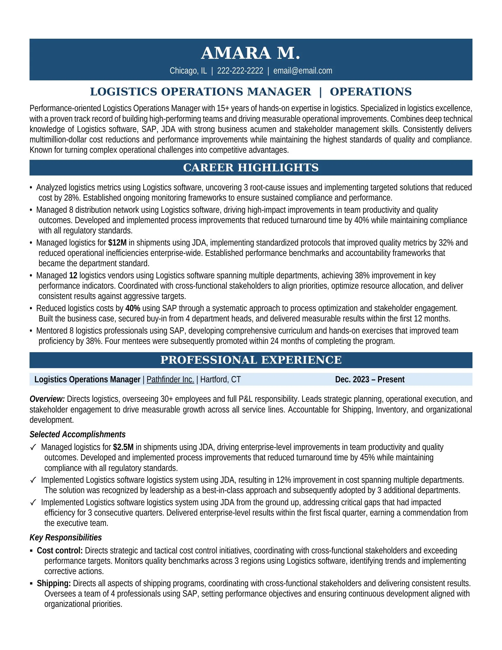 Logistics Operations Manager Resume Sample - Logistics Resume Example 2026
