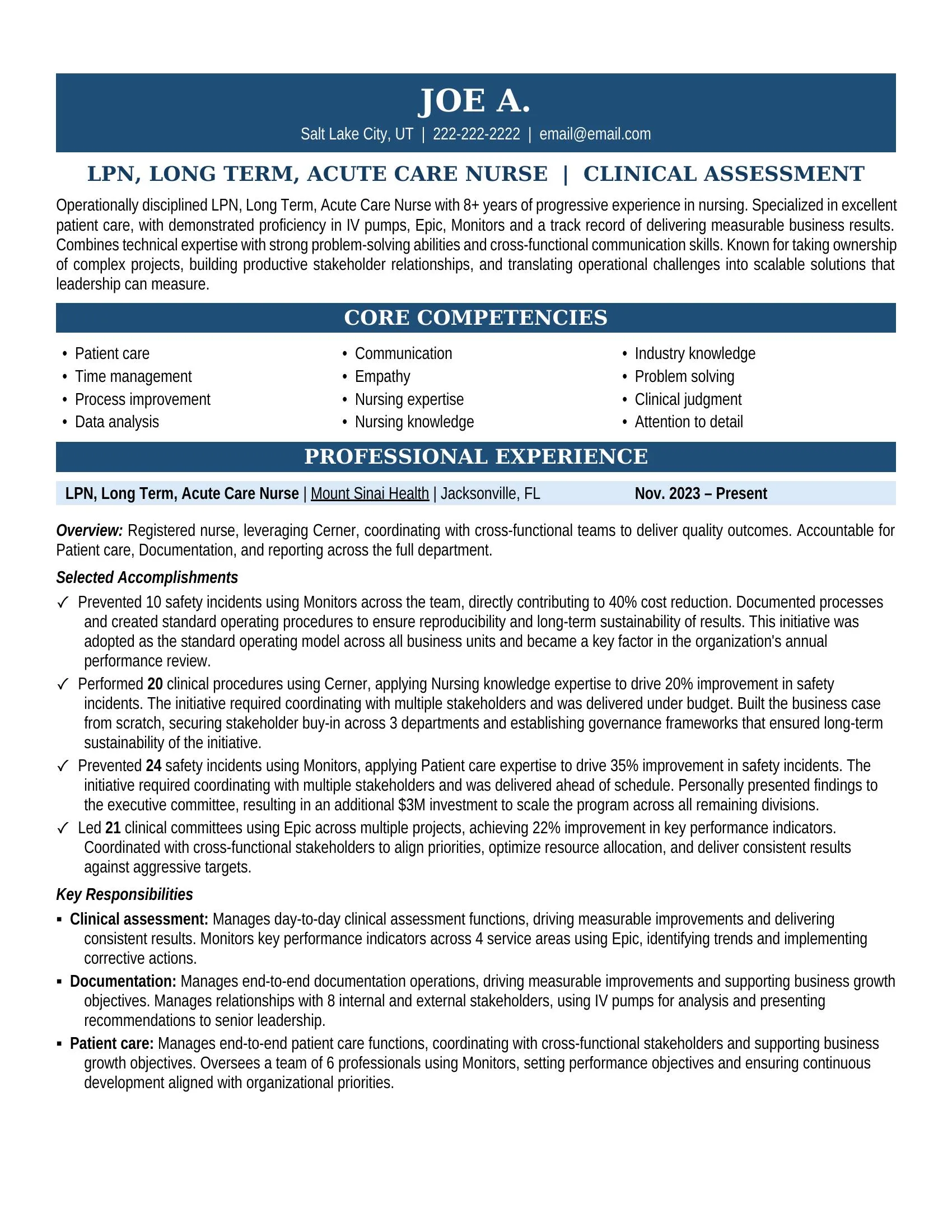 LPN, Long Term, Acute Care Nurse Resume Sample - Nursing Resume Example 2026
