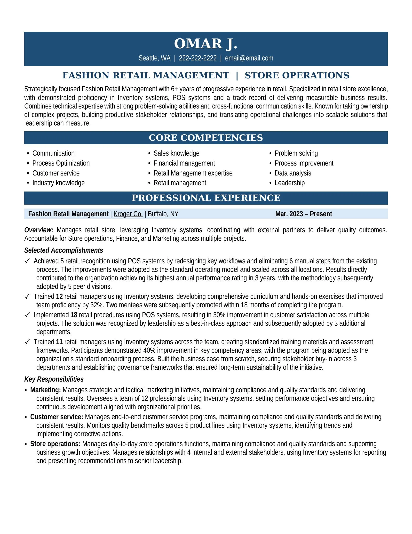 Fashion Retail Management Resume Sample - Professional Summary, Skills & Career Highlights