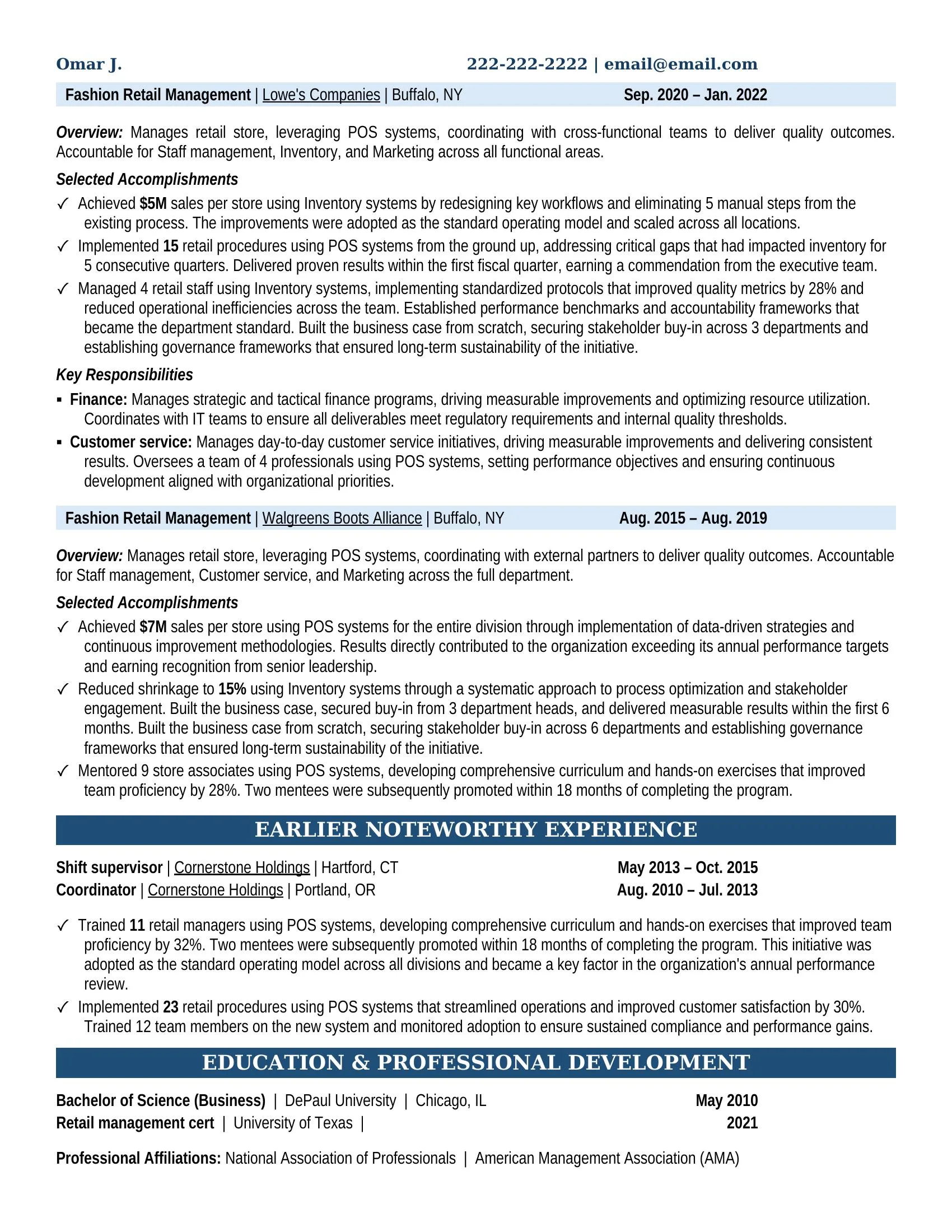 Fashion Retail Management Resume Example - Work Experience & Education