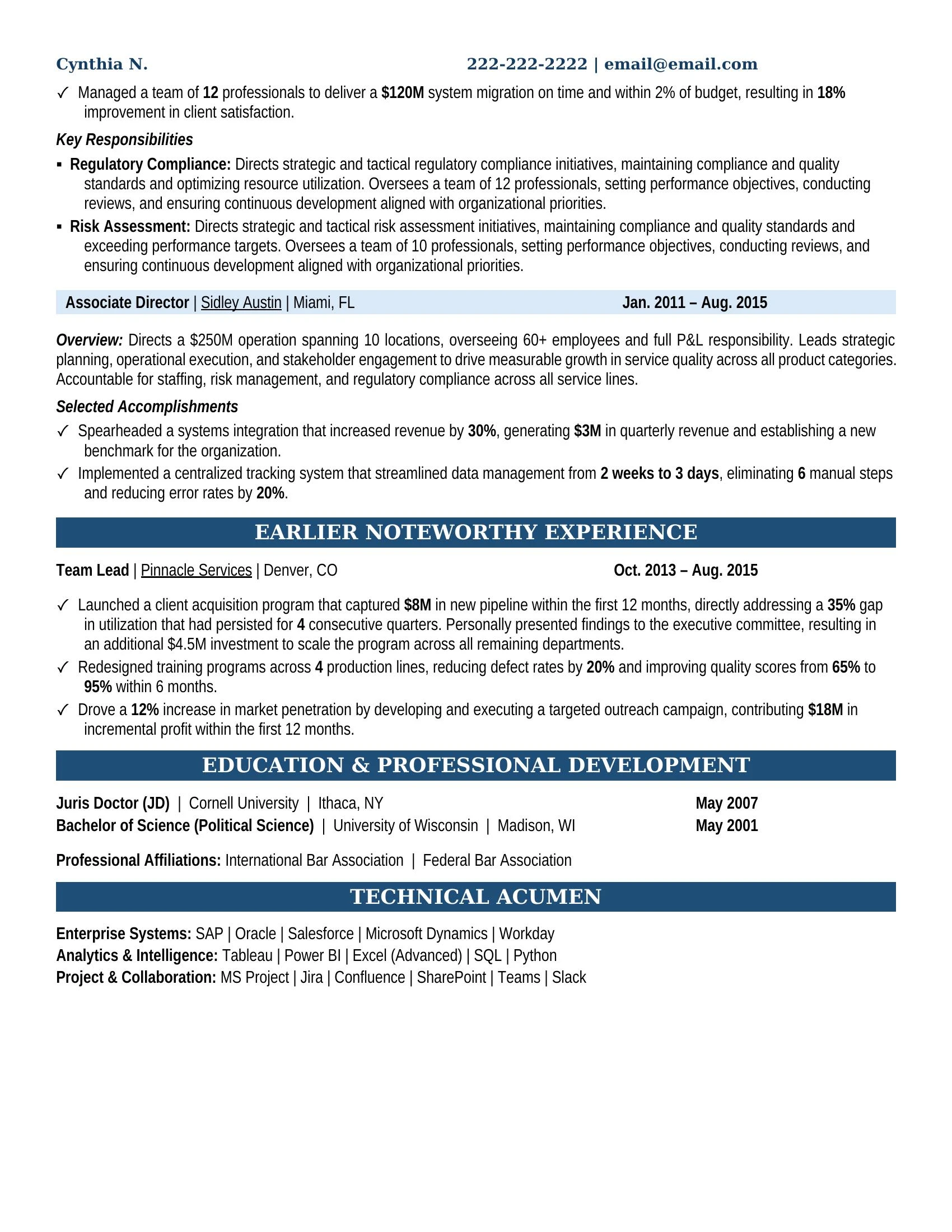 Managing Partner Resume Example - Work Experience & Education