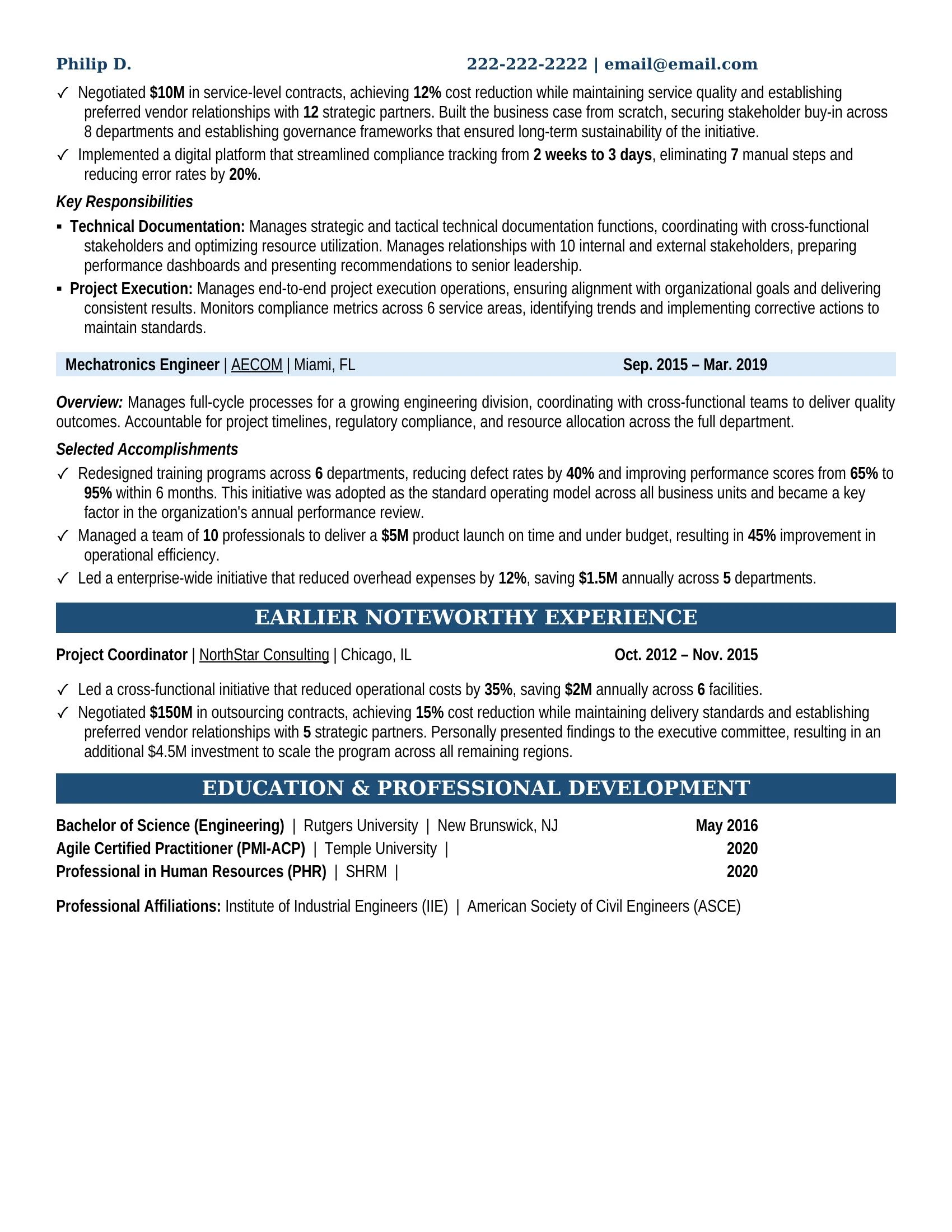 Mechatronics Engineer Resume Example - Work Experience & Education