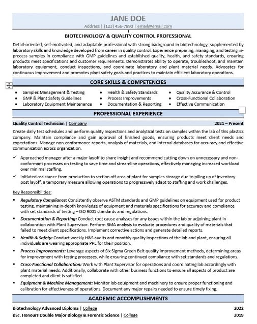 Quality Control Technician  Resume Sample & Template