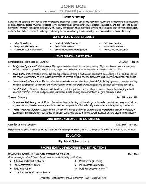 Environmental Technician Resume Sample & Template