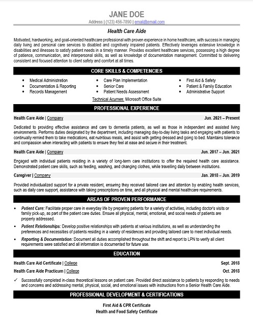 Healthcare Aide Resume Sample & Template