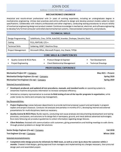 Mechatronics Engineer Resume Sample & Template