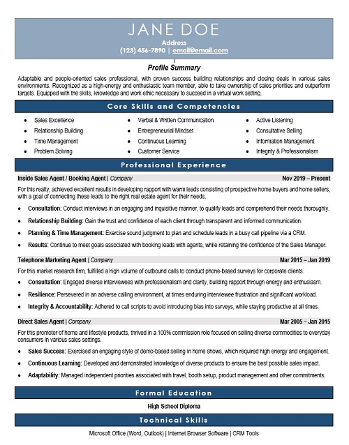 Sales Agent Resume Sample & Template