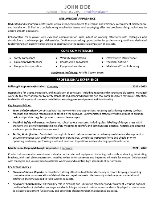 Millwright Apprentice Resume Sample & Template