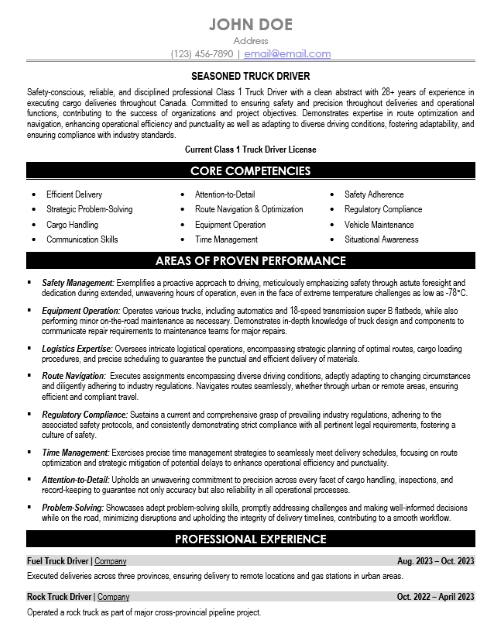 Seasoned Truck Driver Resume Sample & Template