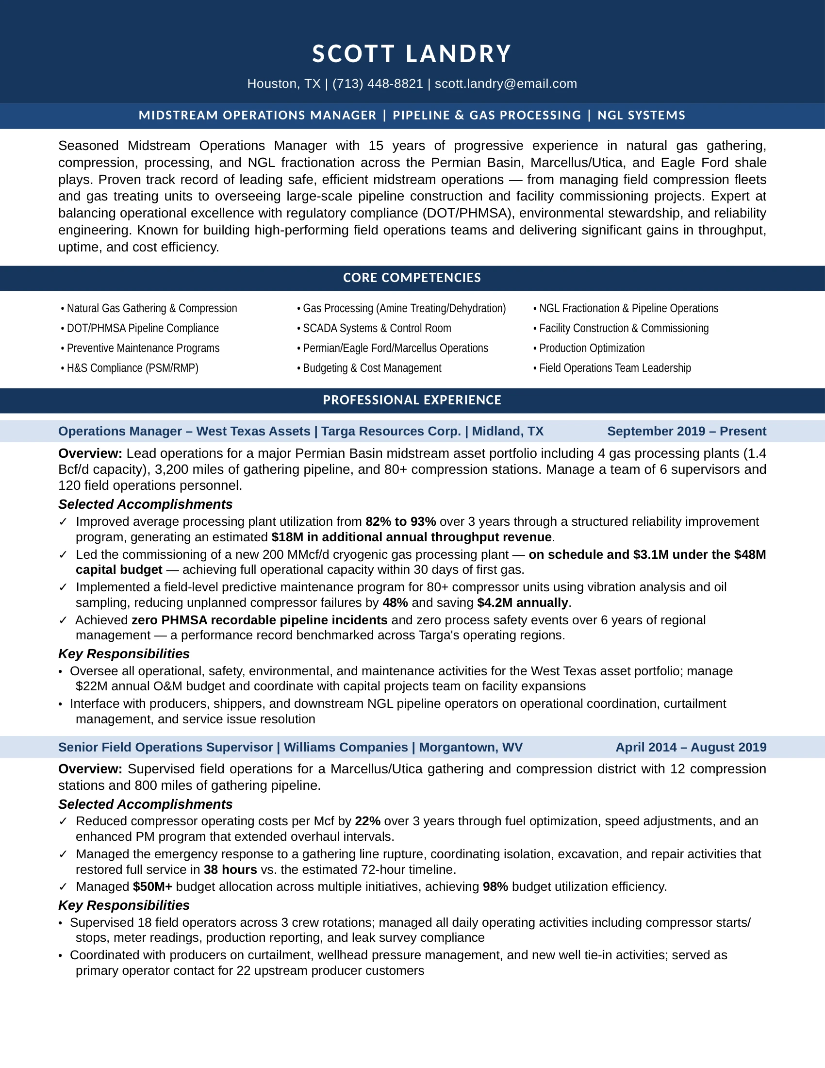 Midstream Oil and Gas Resume Sample - Professional Summary, Skills & Career Highlights