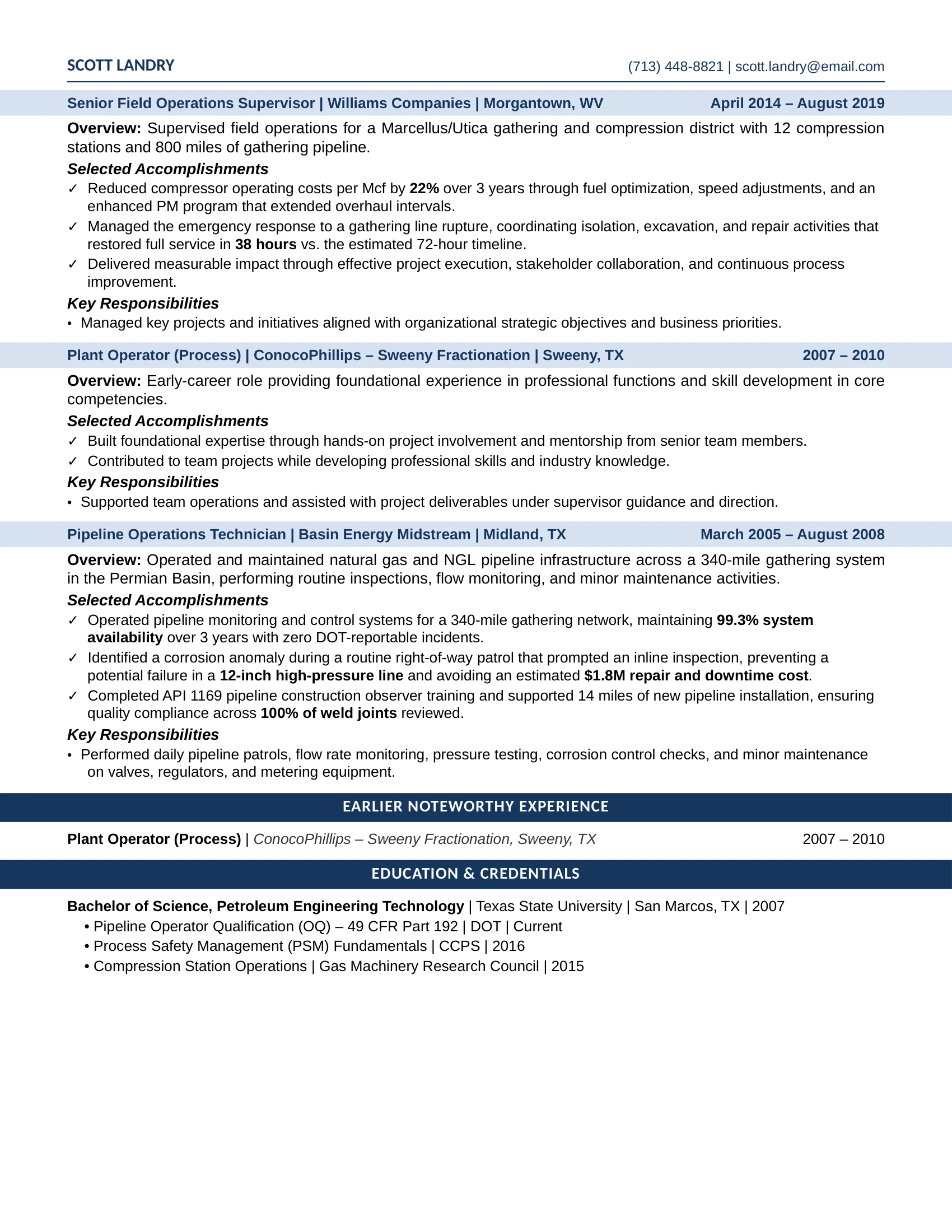 Midstream Oil and Gas Resume Example - Work Experience & Education