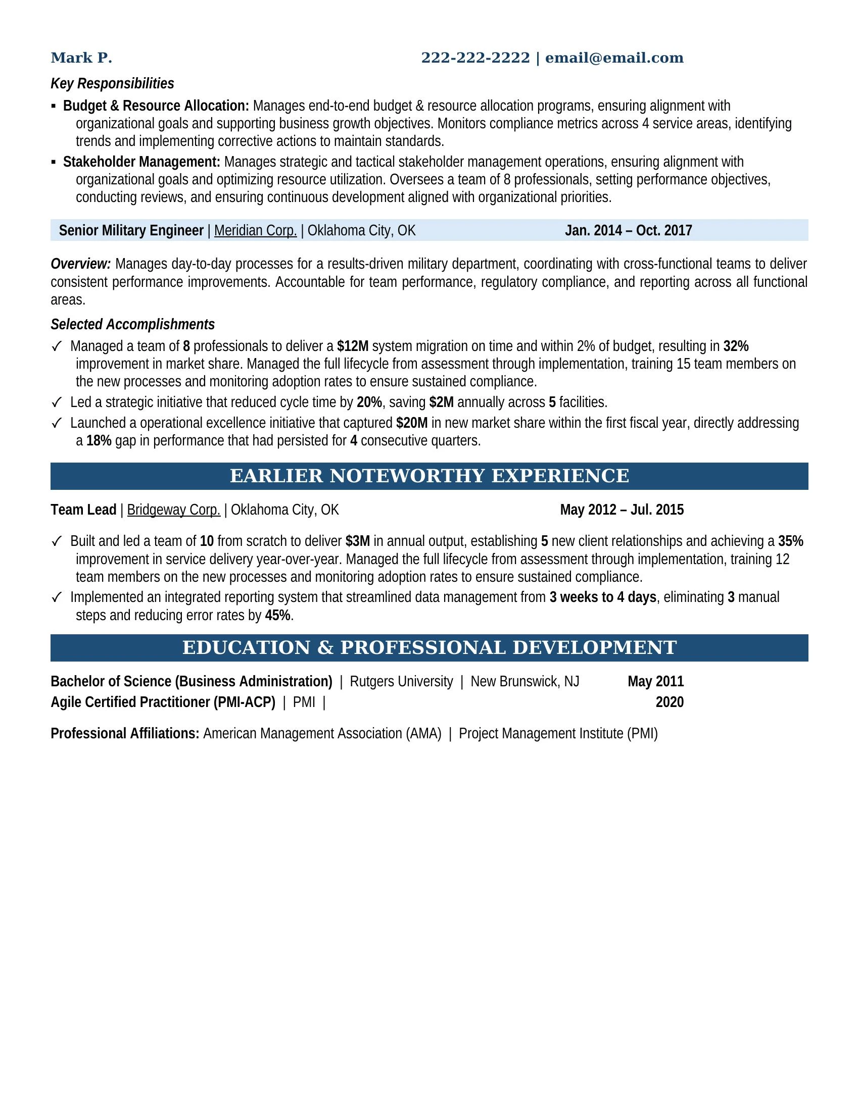 Military Engineer Resume Example - Work Experience & Education