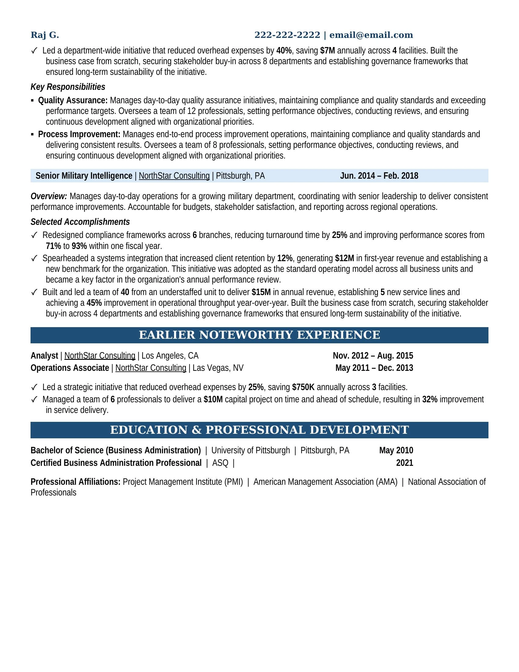 Military Intelligence Resume Example - Work Experience & Education