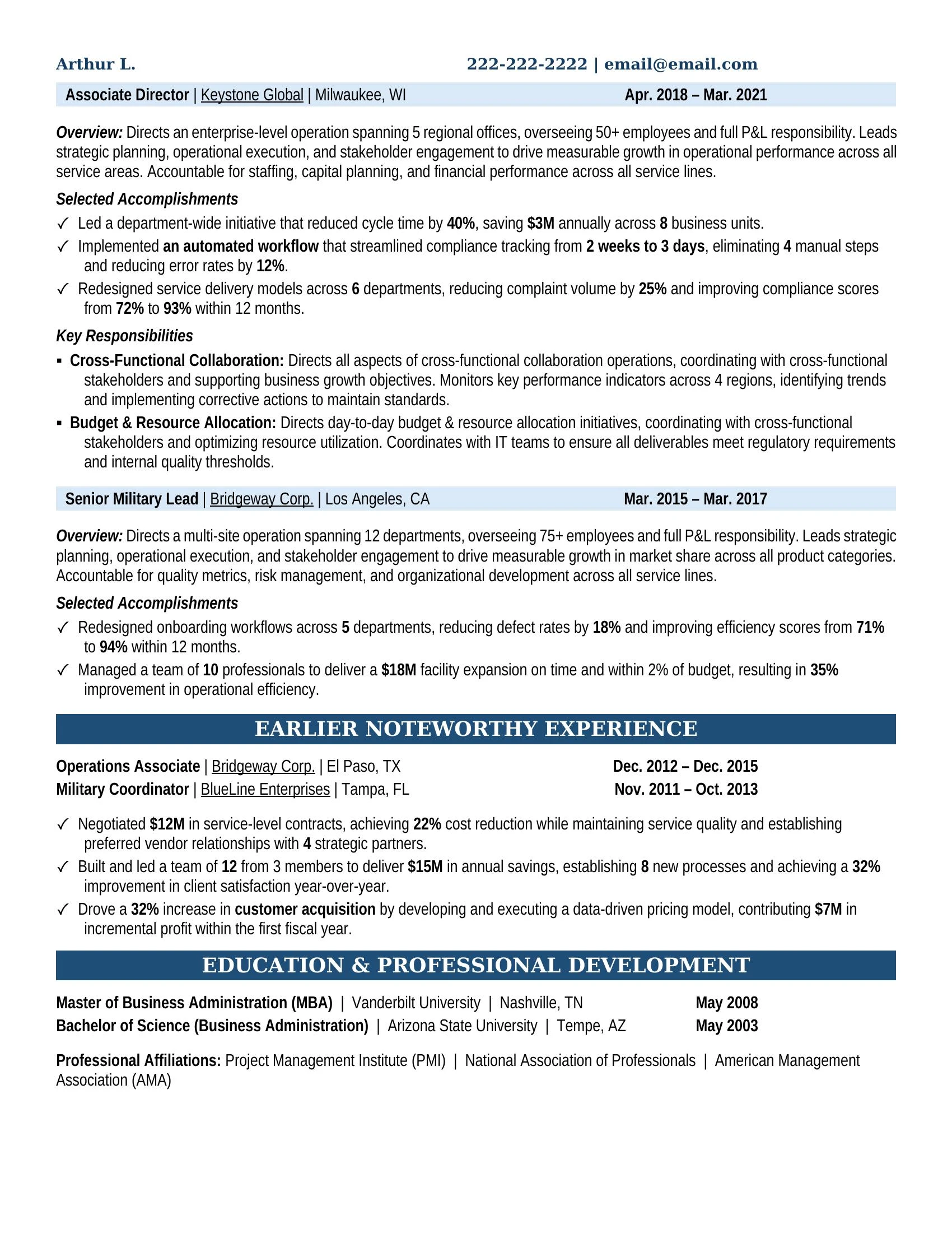 Military Lead Resume Example - Work Experience & Education