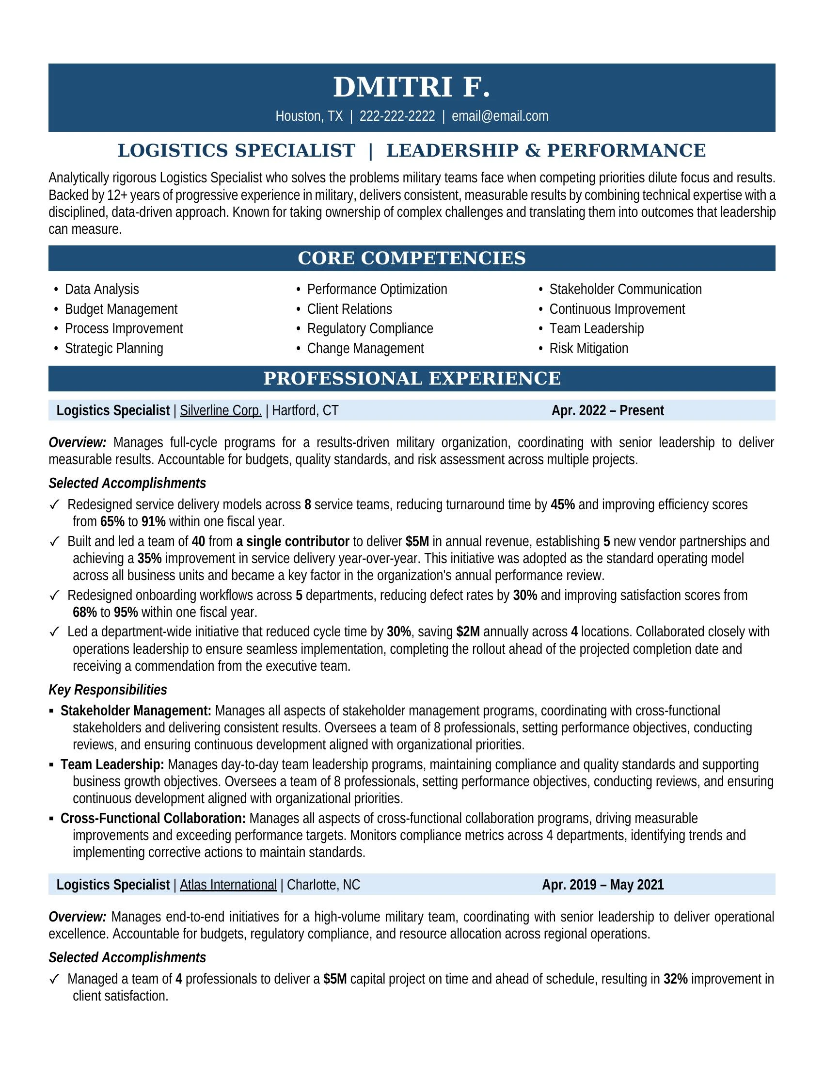 Logistics Specialist Resume Sample - Military Resume Example 2026