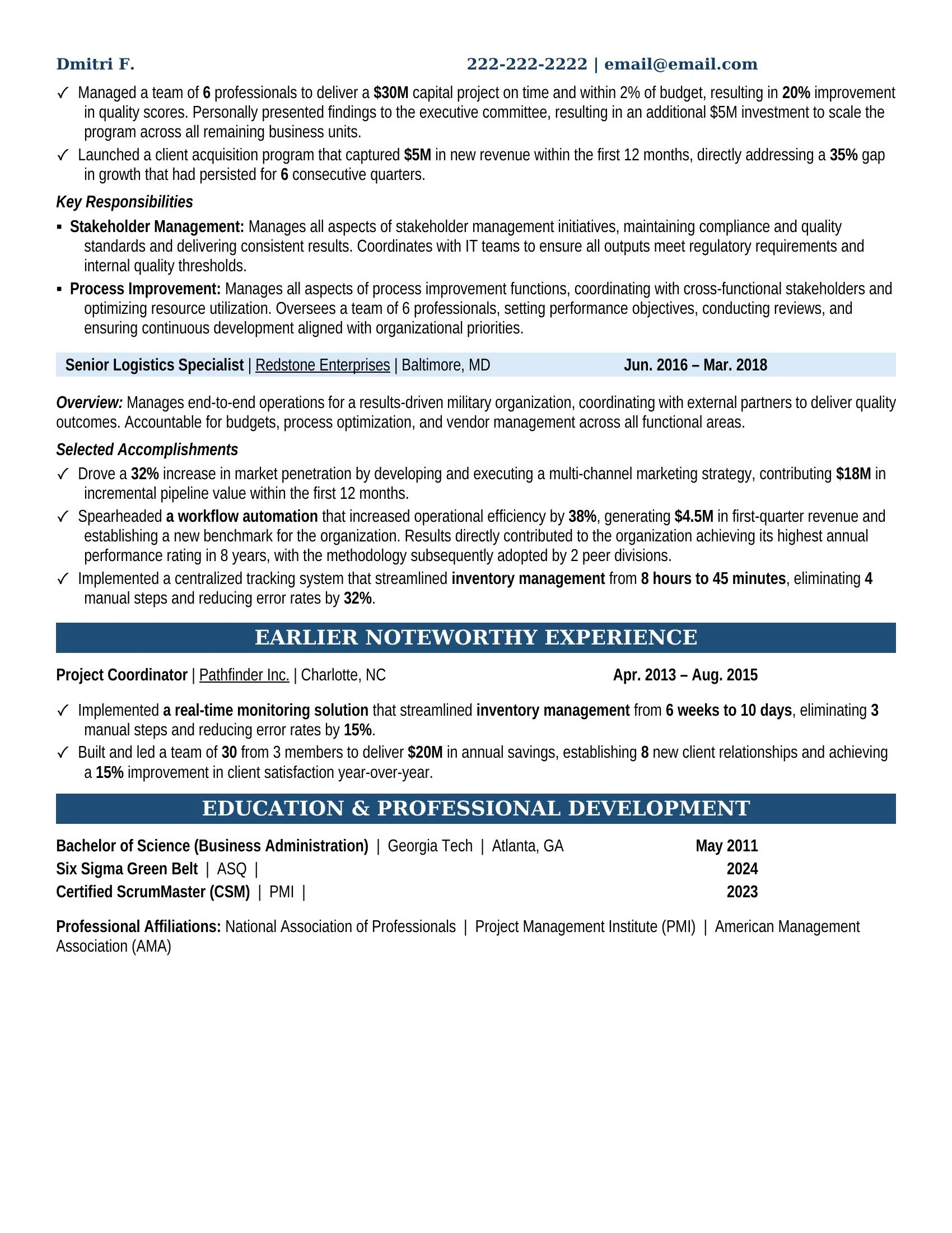 Logistics Specialist Resume Example - Work Experience & Education
