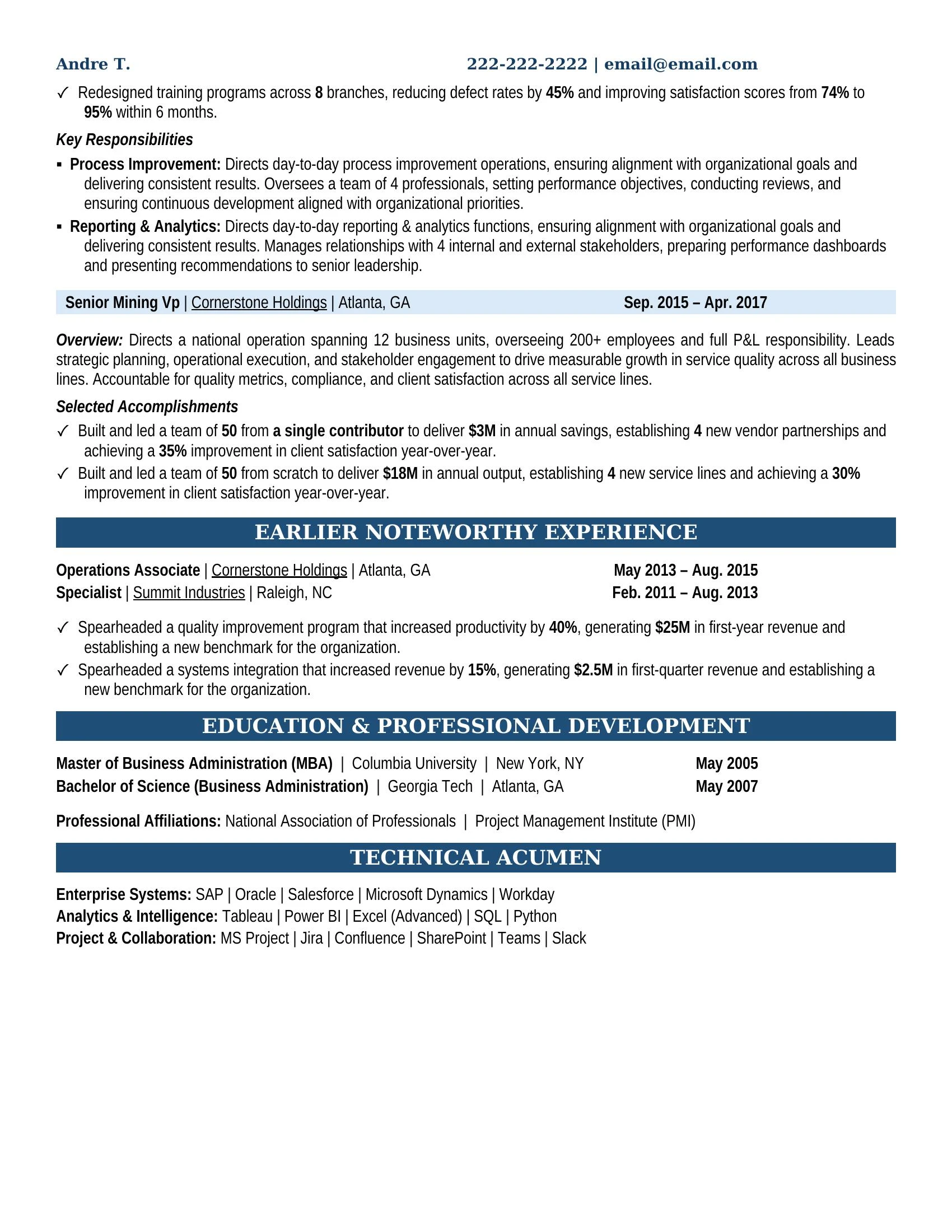 Mining Vp Resume Example - Work Experience & Education