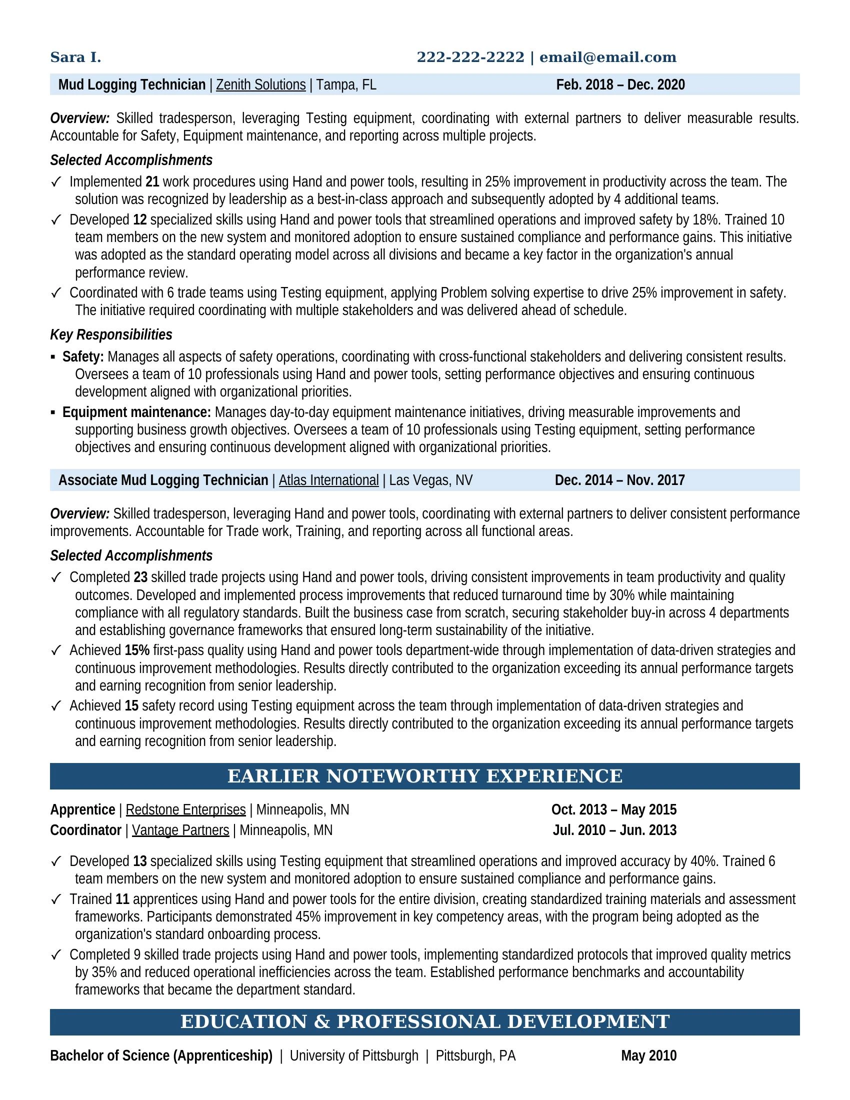 Mud Logging Technician Resume Example - Work Experience & Education