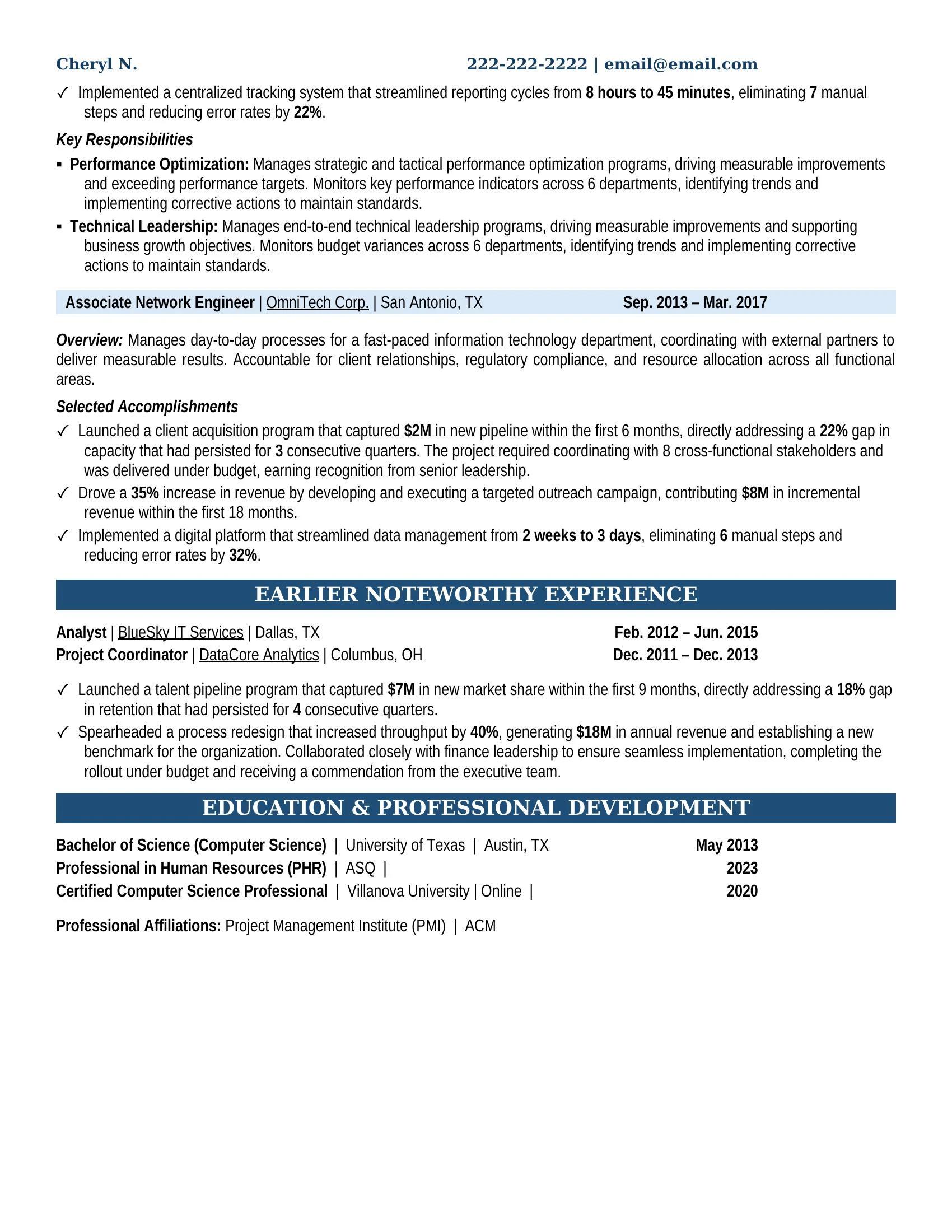Network Engineer Resume Example - Work Experience & Education
