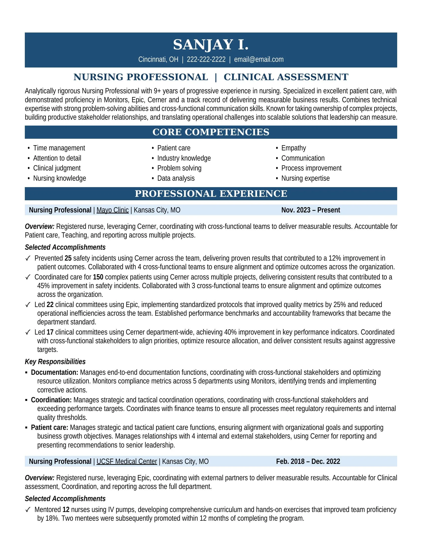 Nursing Professional Resume Sample - Professional Summary, Skills & Career Highlights