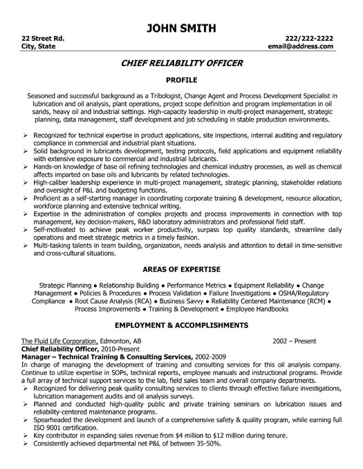 Chief Reliability Officer Resume Sample & Template