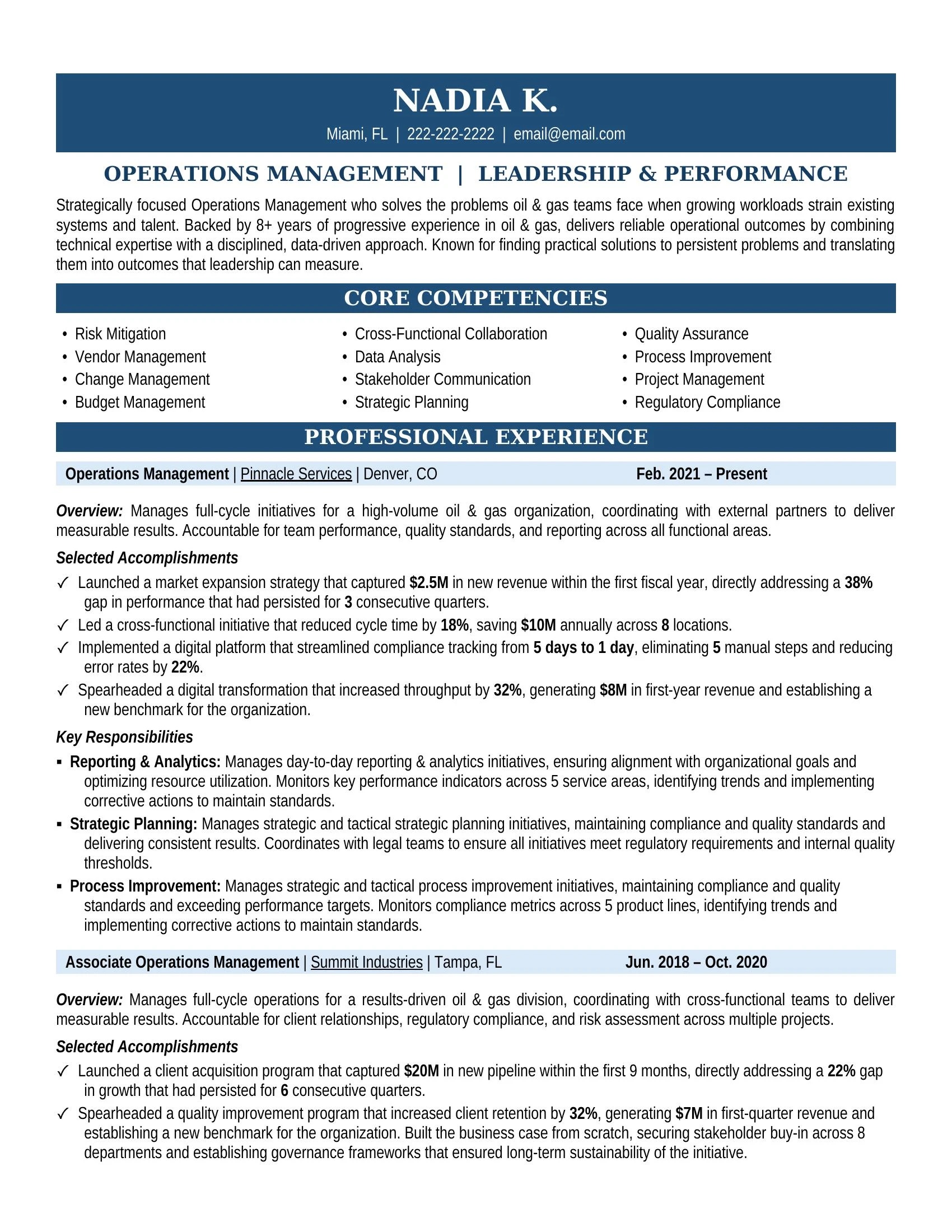 Operations Management Resume Sample - Professional Summary, Skills & Career Highlights