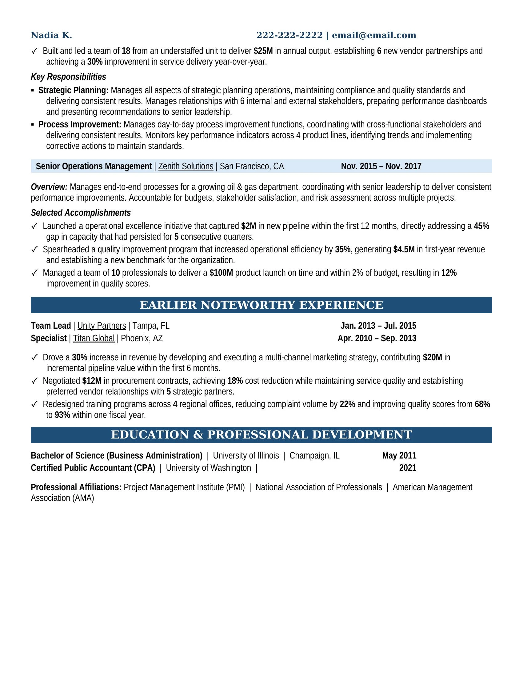 Operations Management Resume Example - Work Experience & Education