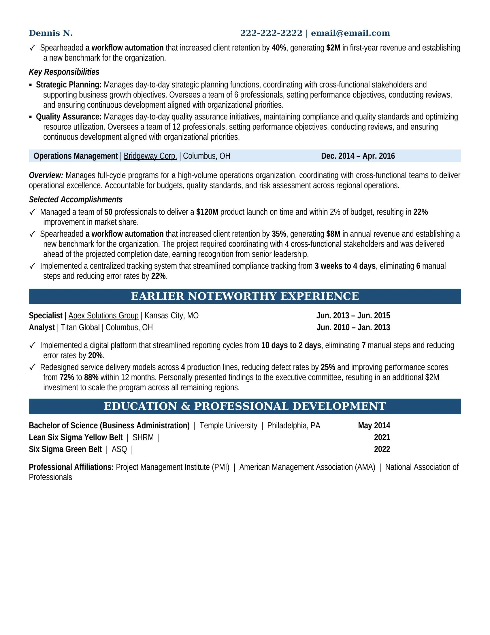 Operations Management Resume Example - Work Experience & Education