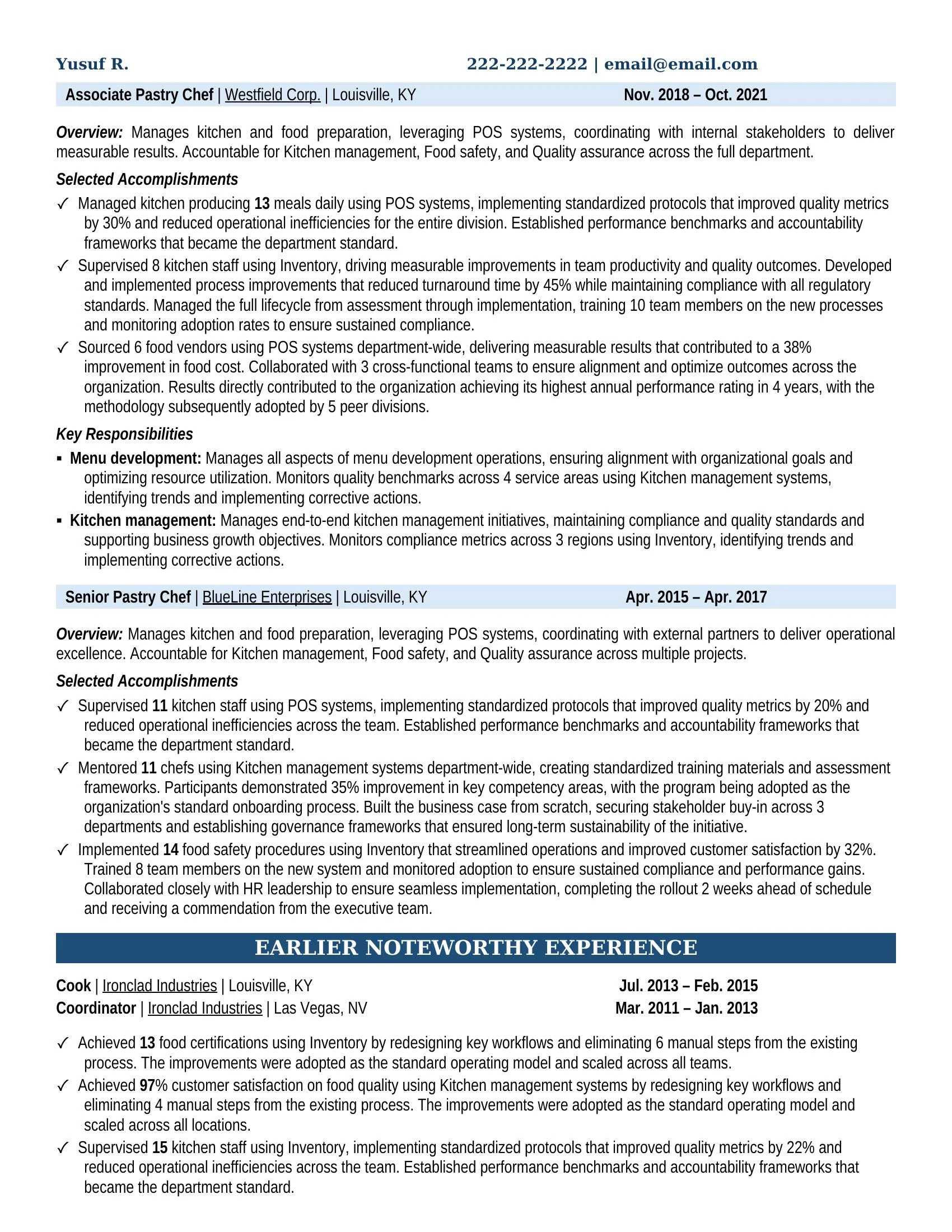 Pastry Chef Resume Example - Work Experience & Education