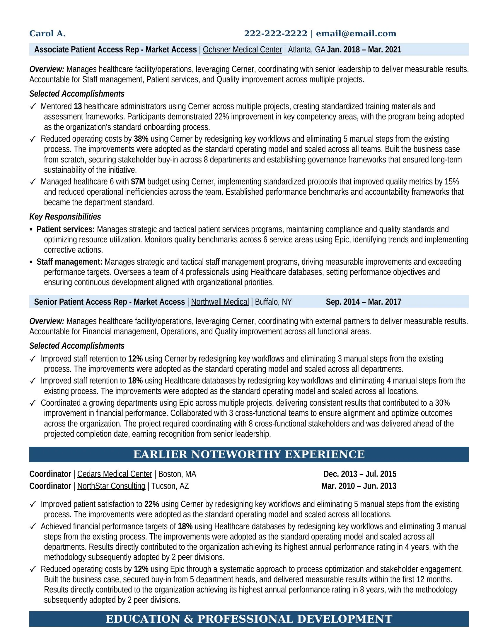 Patient Access Rep - Market Access Resume Example - Work Experience & Education